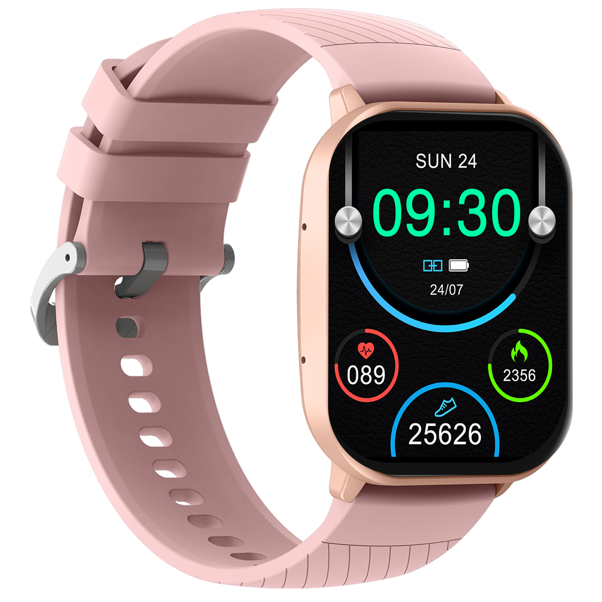 Roze smartwatch met een roze band. Display toont tijd, datum, hartslag, stappen en calorieën.