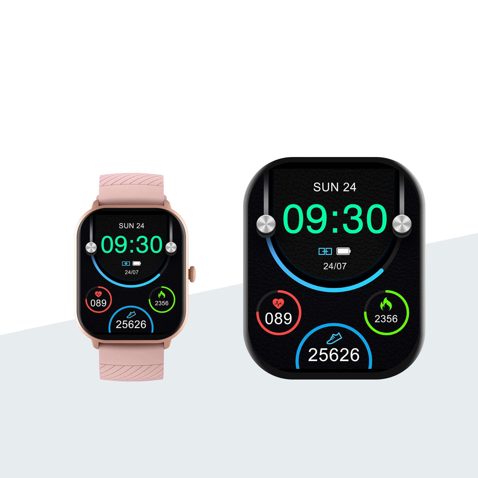 Twee smartwatches die de tijd, hartslag en activiteitsstatistieken weergeven. De horloges hebben roze bandjes.