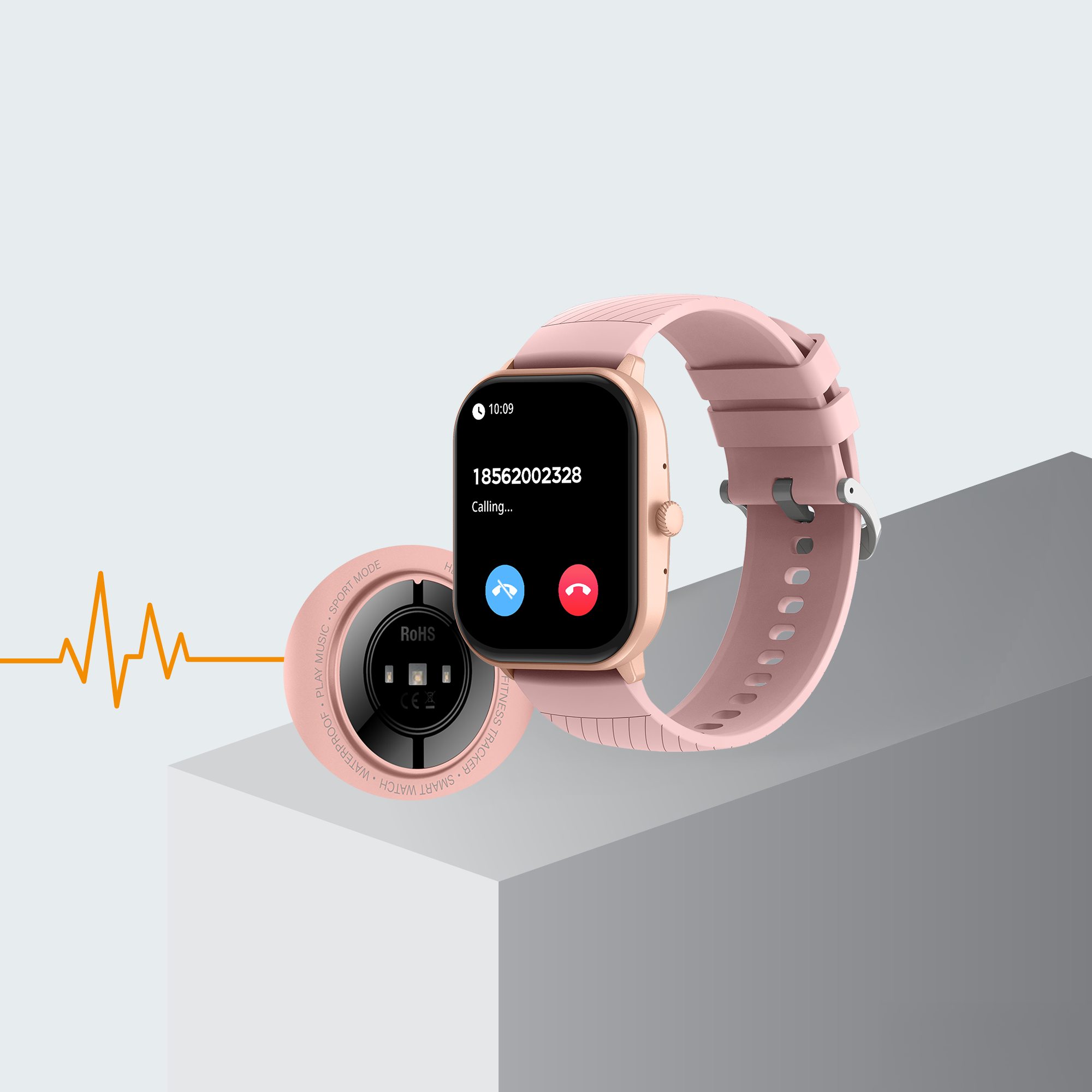 Roze smartwatch met een oproepscherm met nummer 18562002328.