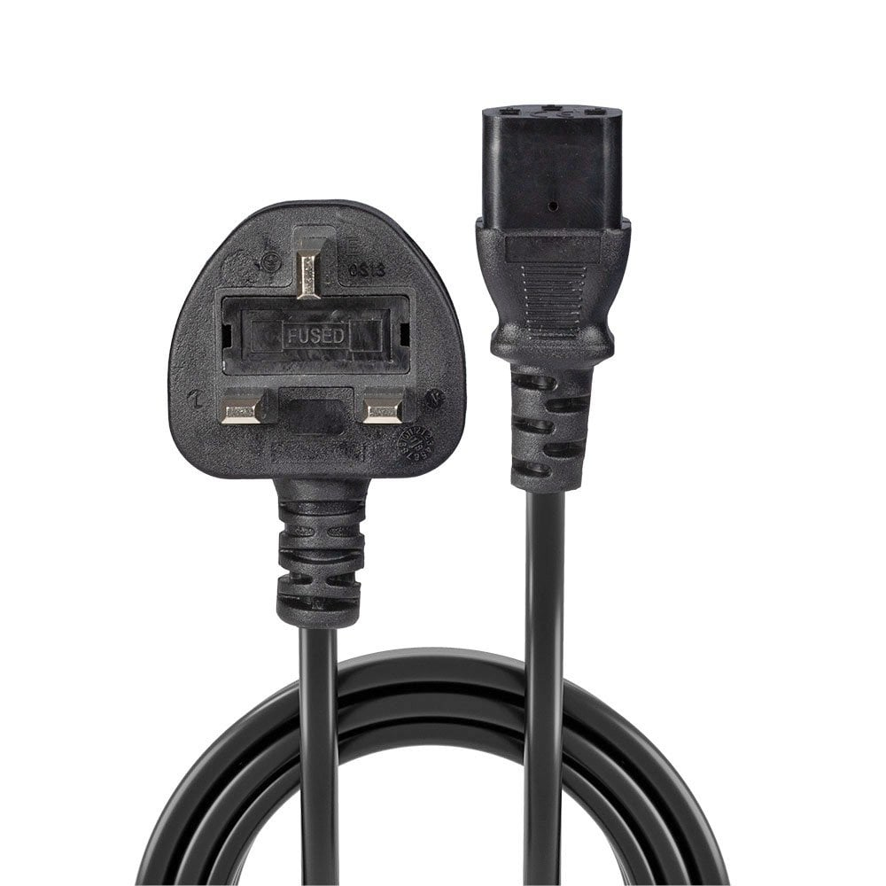 Cavo di alimentazione nero con spina UK e connettore IEC.