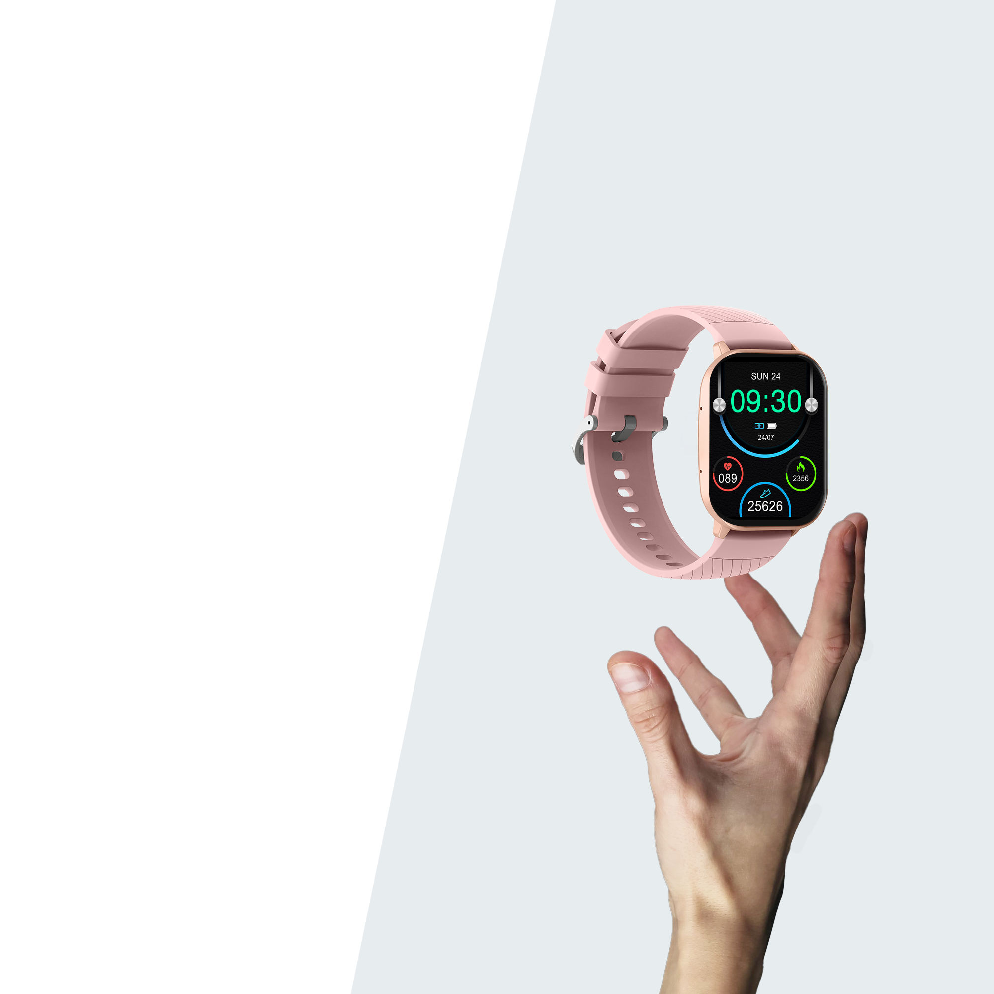 Roze smartwatch met scherm met tijd en statistieken, vastgehouden door een hand.