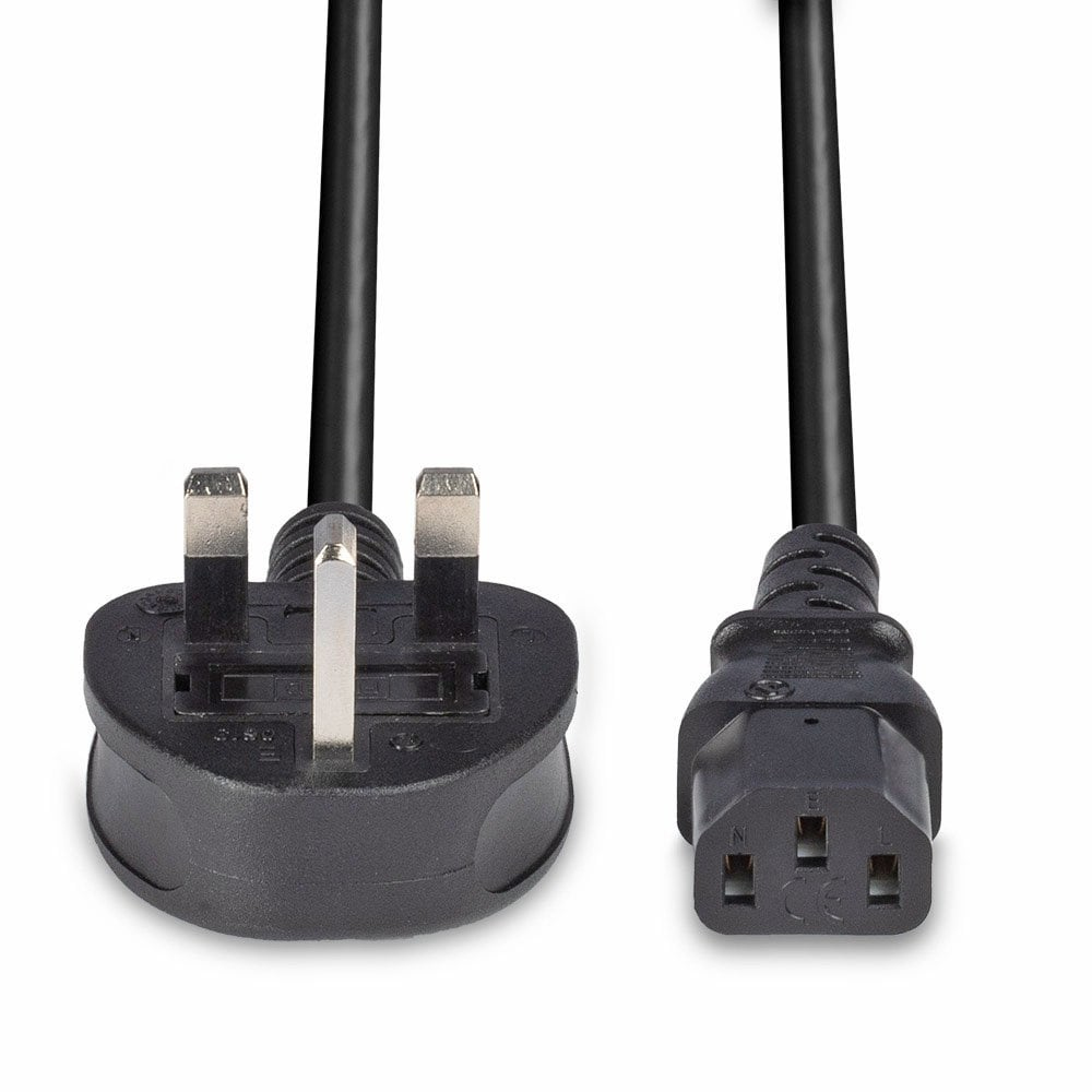 Cavo di alimentazione nero con spina UK e connettore IEC.