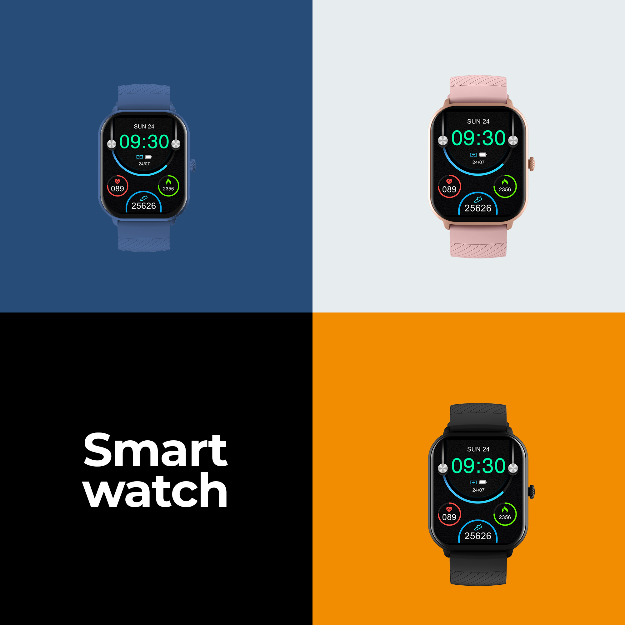 Vier smartwatches op verschillende gekleurde achtergronden, die dezelfde tijd weergeven.