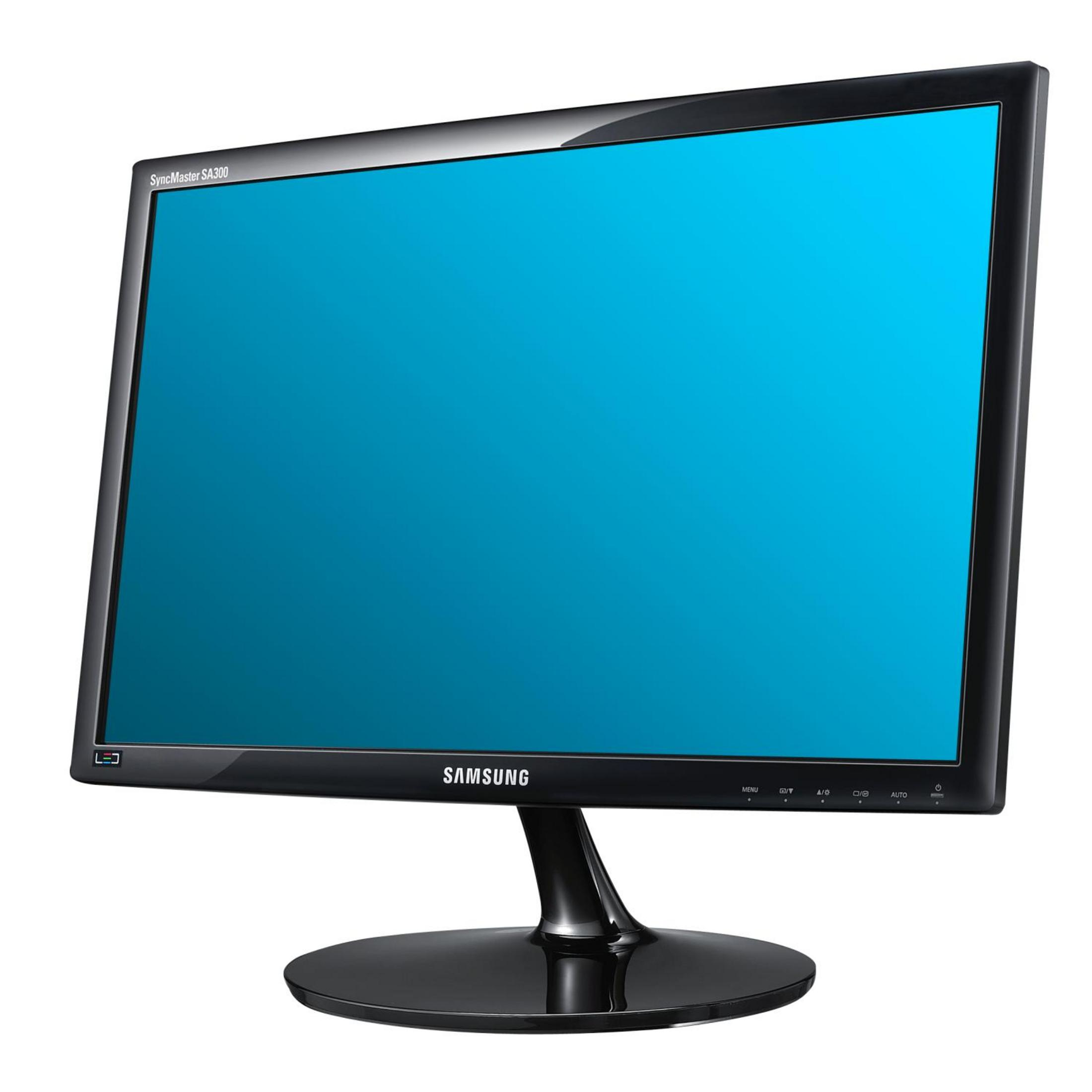 Schwarzer Computermonitor mit blauem Bildschirm, der eine helle Farbe anzeigt. Samsung-Logo unten.