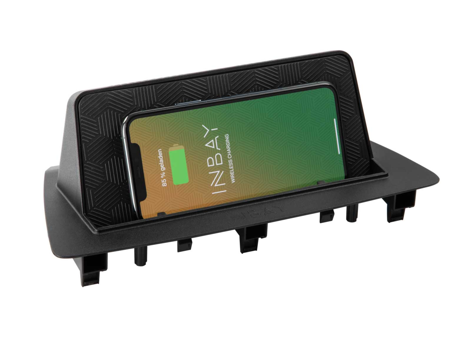 Ein schwarzes kabelloses Ladepad mit einem Telefon, das 85 % Aufladung und das INBAY-Logo anzeigt.