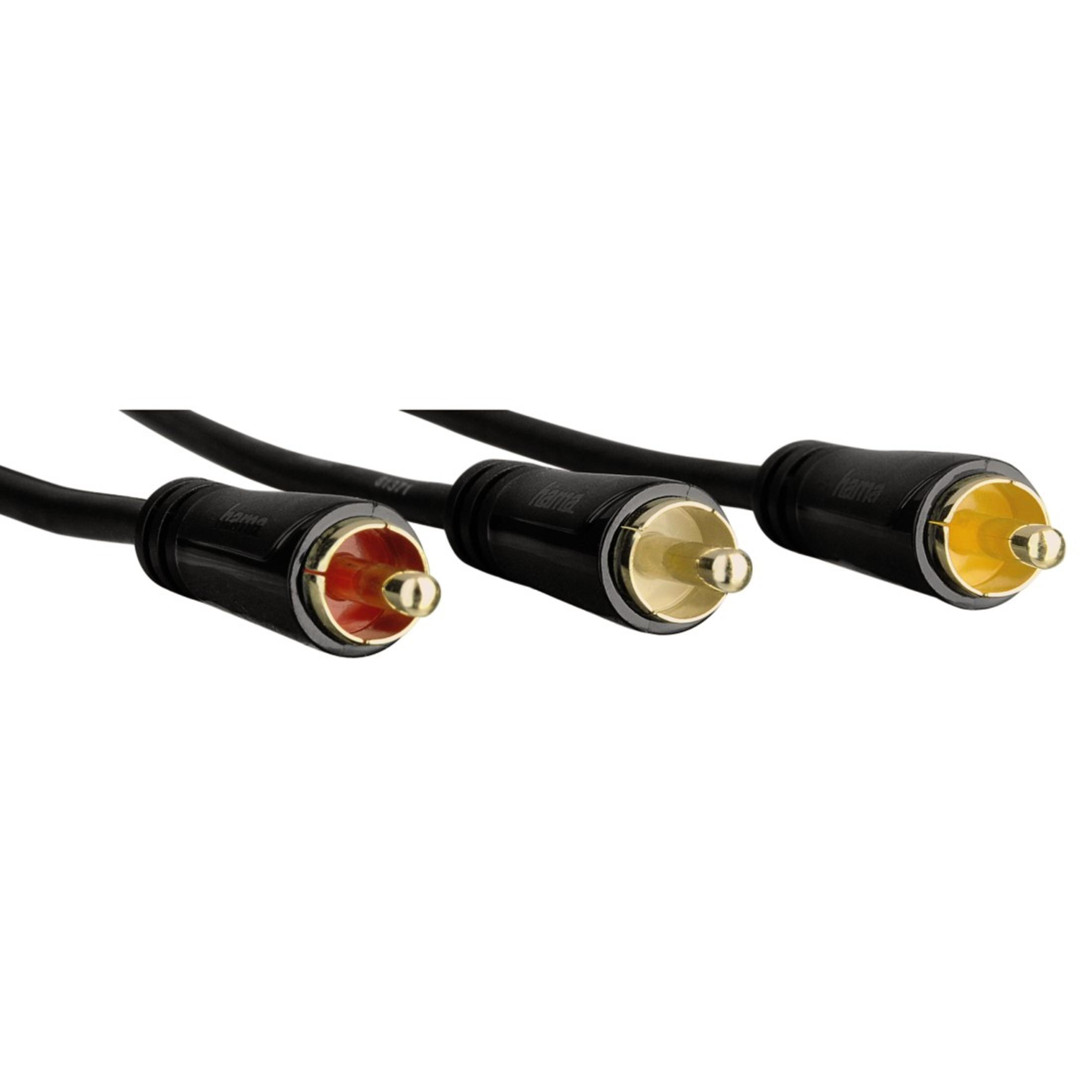 Drie zwarte audiokabels met rode, gouden en gele connectoren op een witte achtergrond.