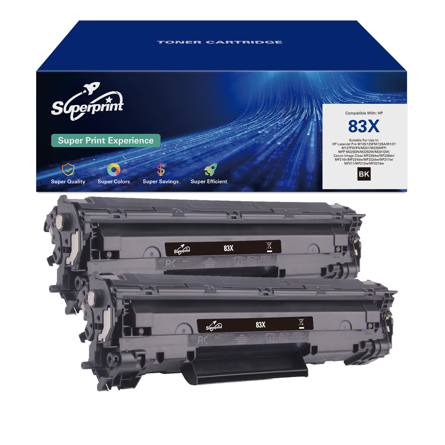 Zwarte tonercartridges in een doos. De doos is blauw en wit.
