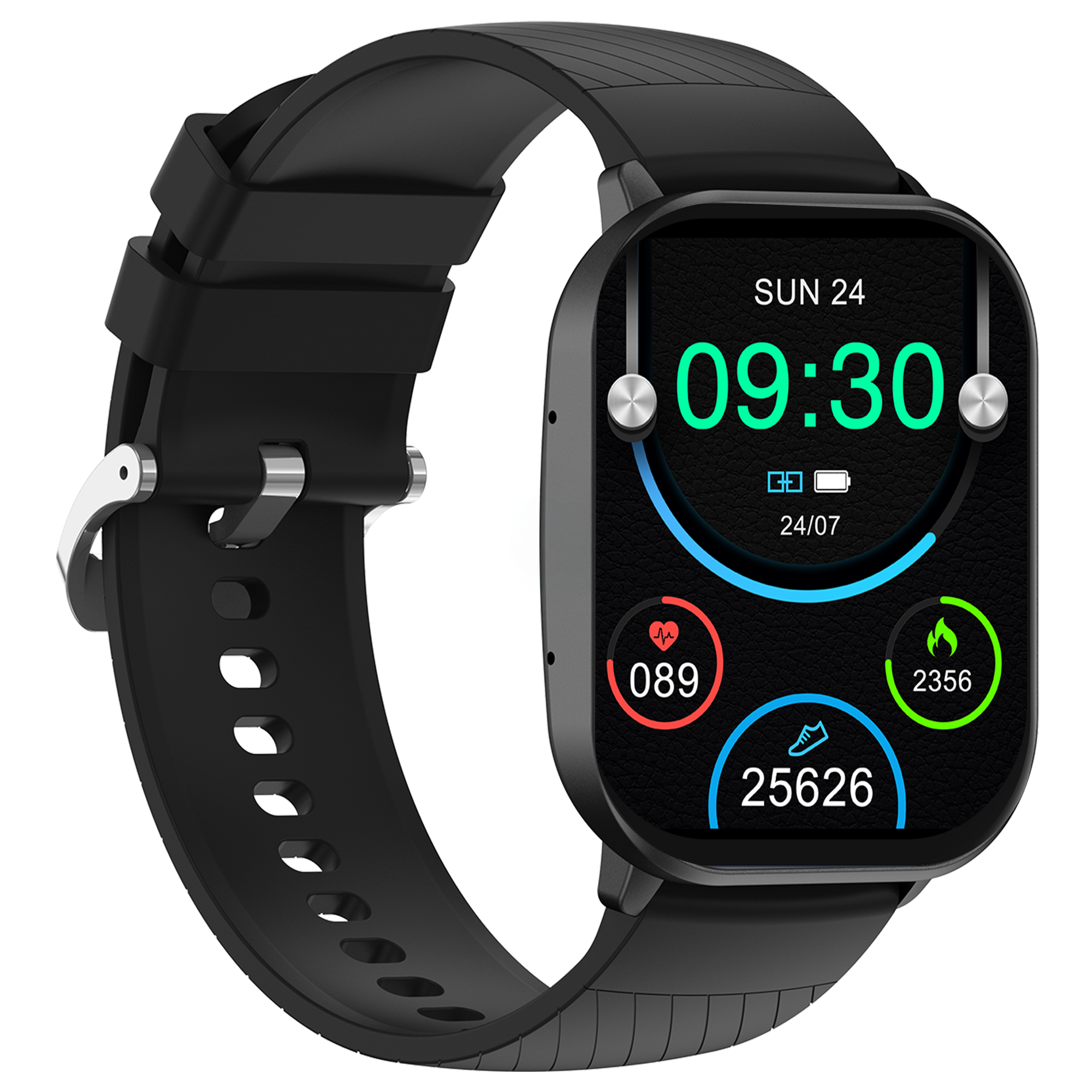 Zwarte smartwatch met 09:30-display, fitnessgegevens en een zwarte band tegen een witte achtergrond.