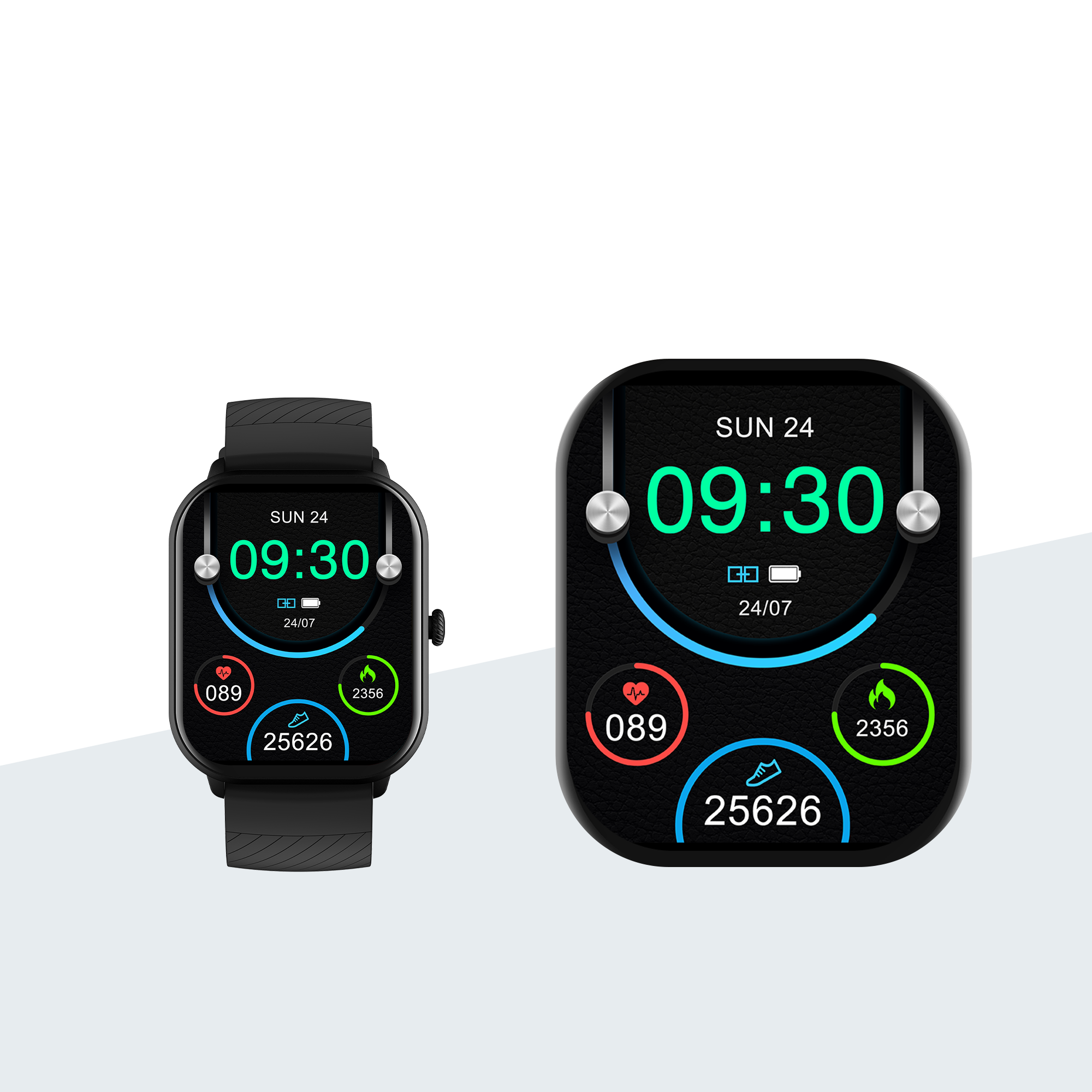 Twee smartwatches die 09:30 tonen met fitnessgegevens, waaronder hartslag, stappen en calorieën, tegen een witte achtergrond.