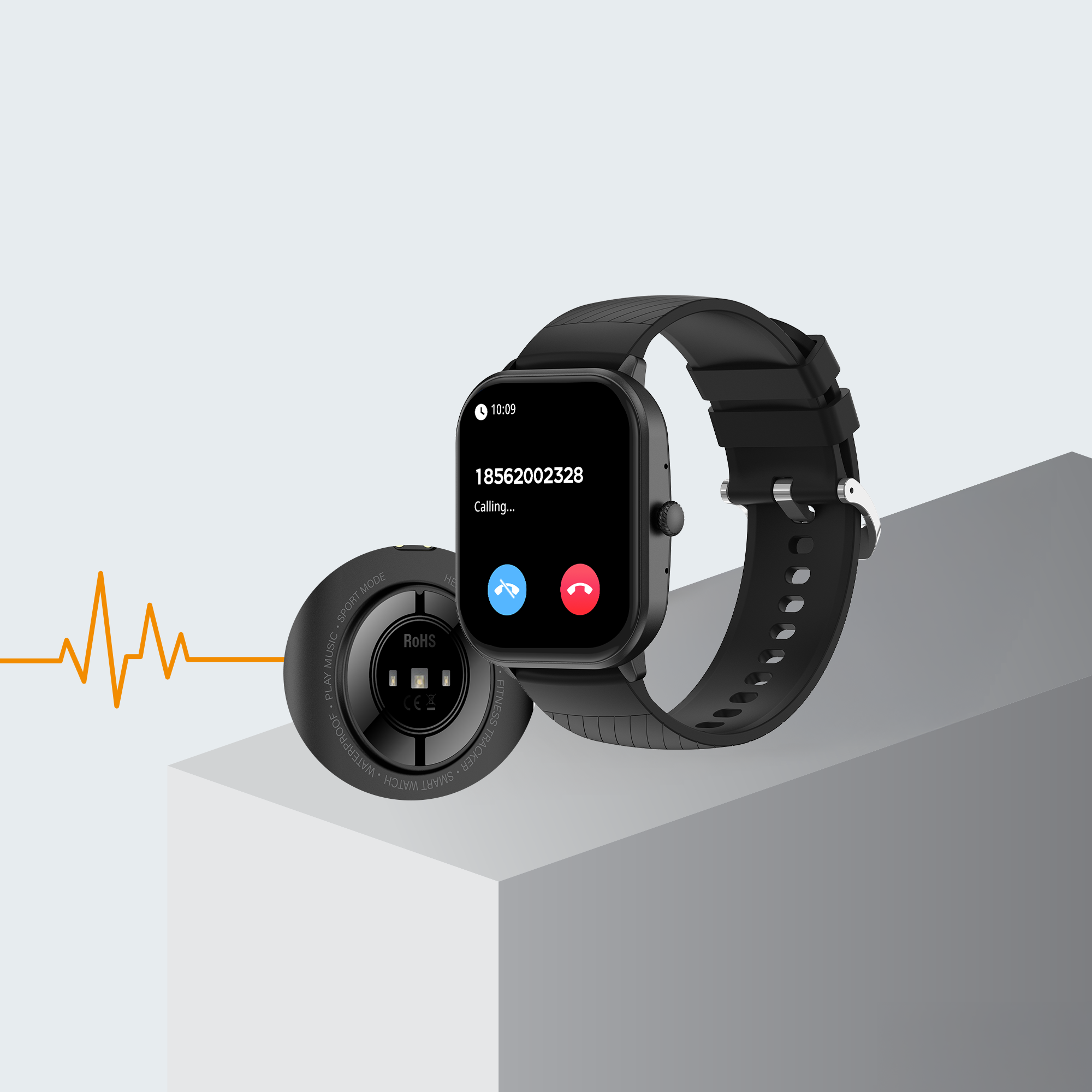 Zwarte smartwatch die een oproepscherm weergeeft. Een hartslagmeter eronder.