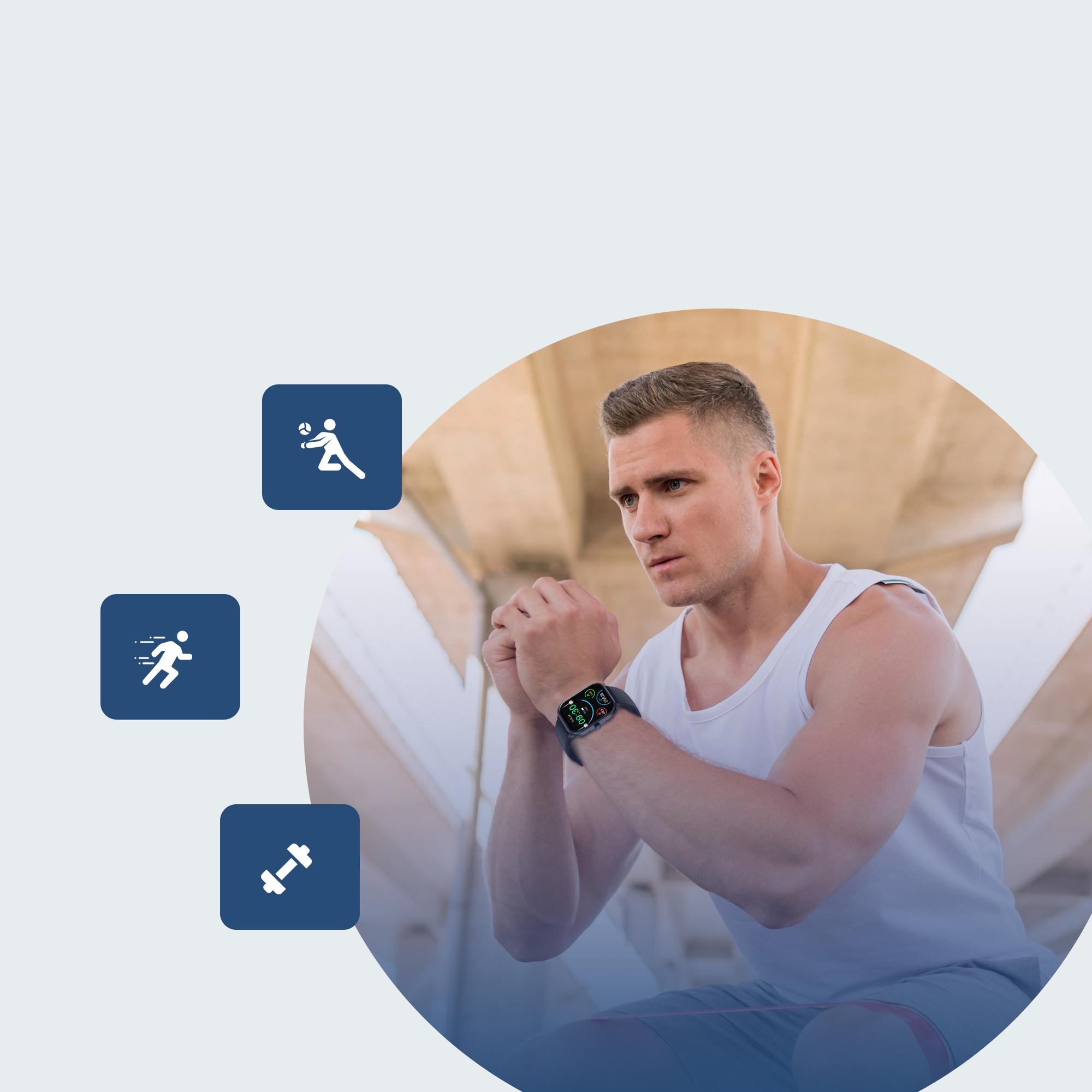 Een man is aan het sporten terwijl hij een smartwatch draagt met pictogrammen van sportactiviteiten.