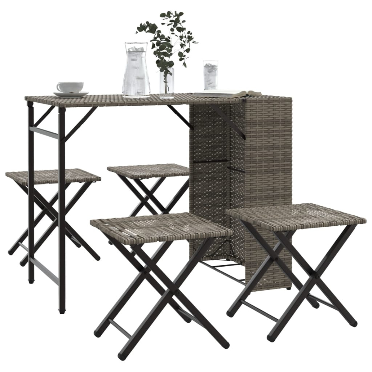 Set da pranzo all'aperto con tavolo e sgabelli. Realizzato in materiale intrecciato grigio.