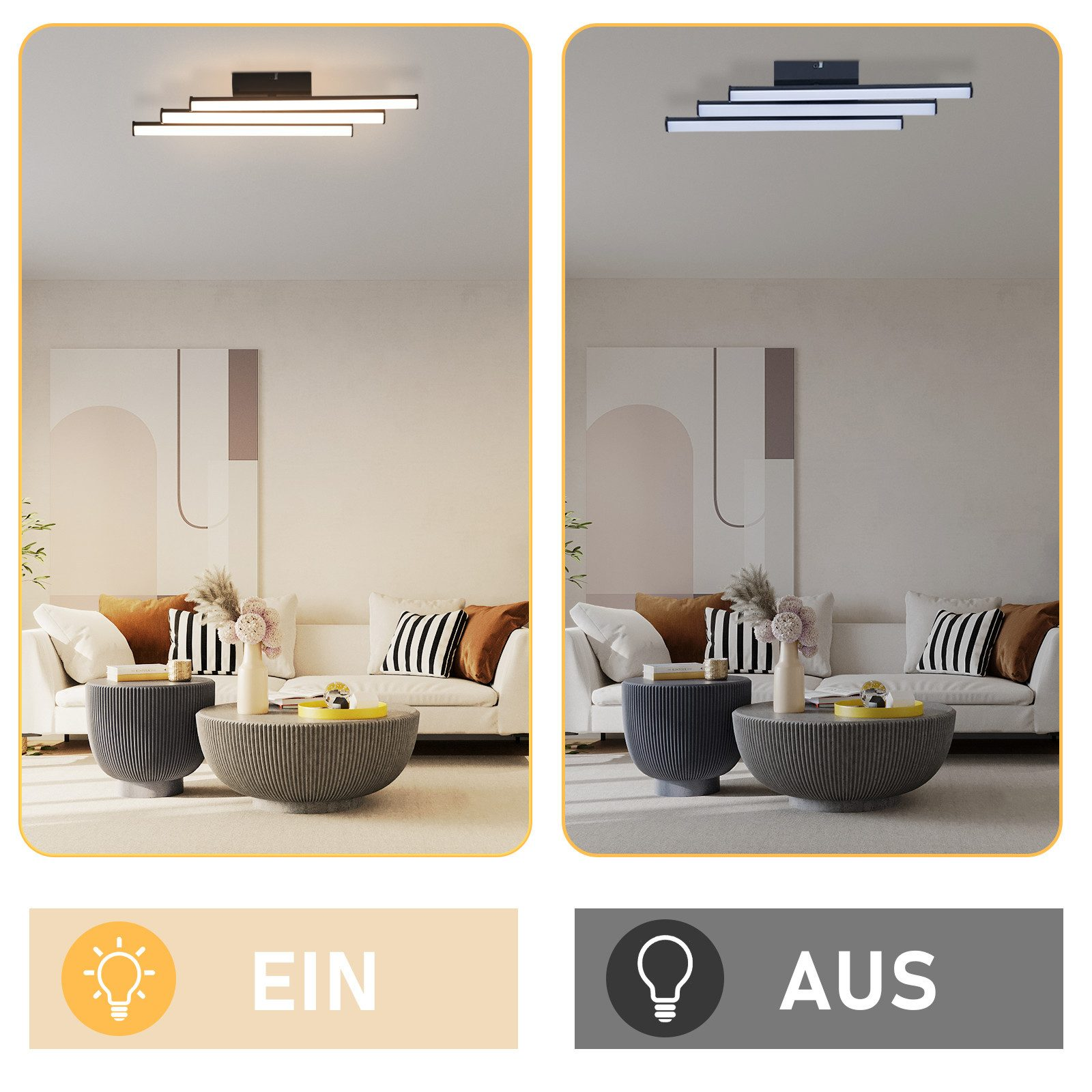 Zwei Bilder einer modernen Deckenleuchte, eines ein- und eines ausgeschaltet. Der Raum hat ein Sofa und Tische.