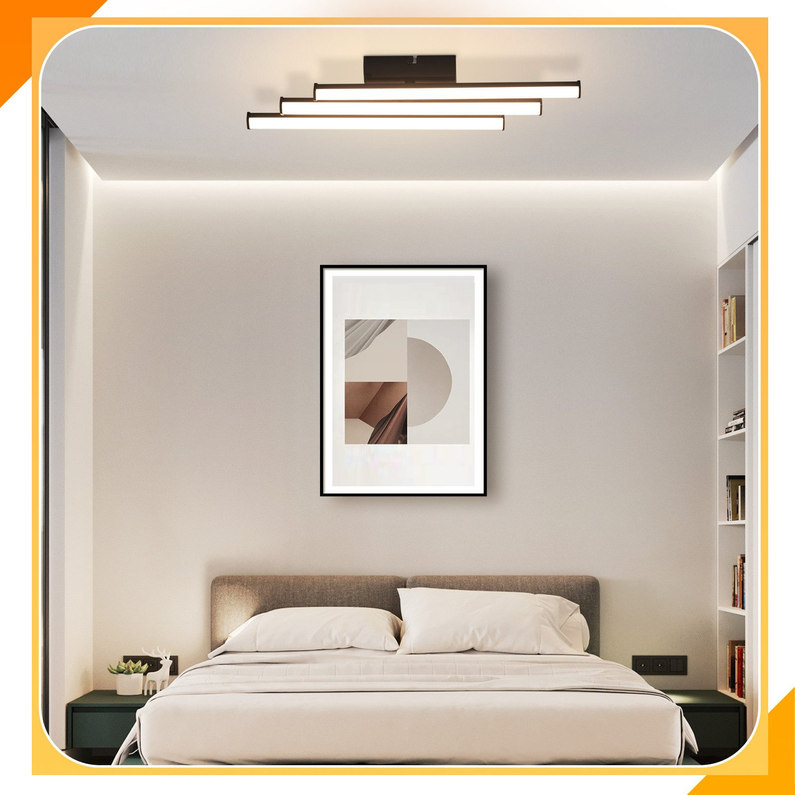 Schlafzimmer mit Bett, Kunst und Deckenleuchten.