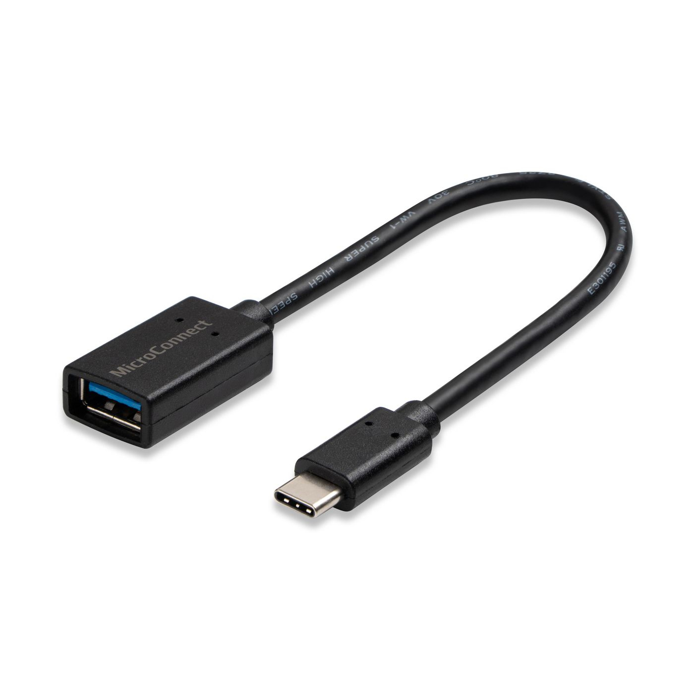 USB naar USB-C adapterkabel, zwart, met connectoren aan beide uiteinden.