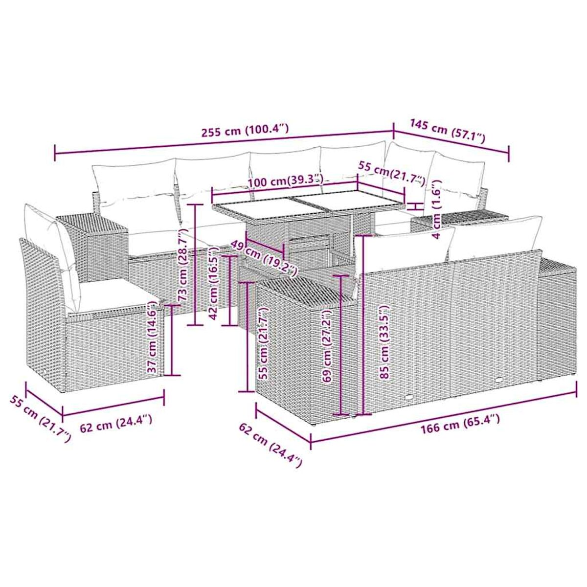 Gartenmöbel-Set aus Korbgeflecht mit Maßangaben. Enthält Sofa, Stuhl und Tisch.