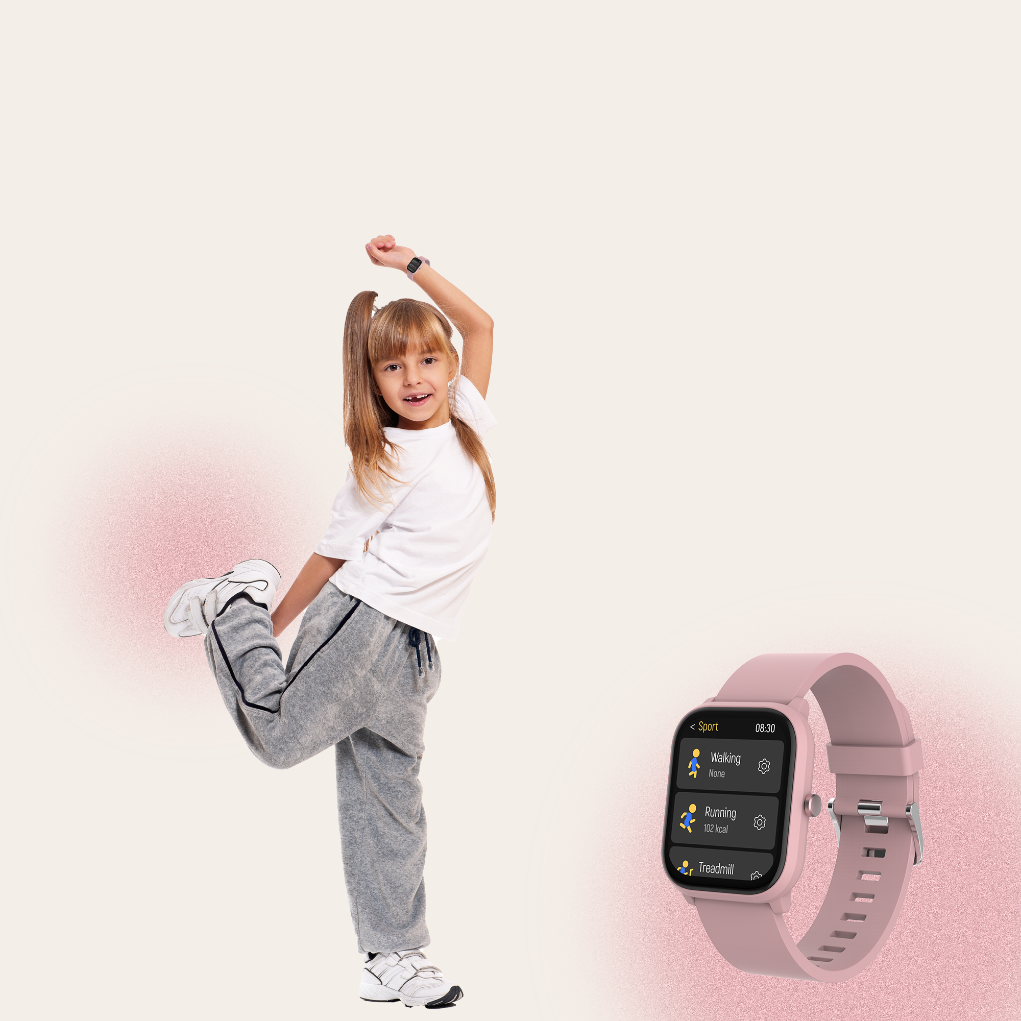 Une jeune fille en tenue de sport danse, une montre connectée rose avec des options de fitness est visible.