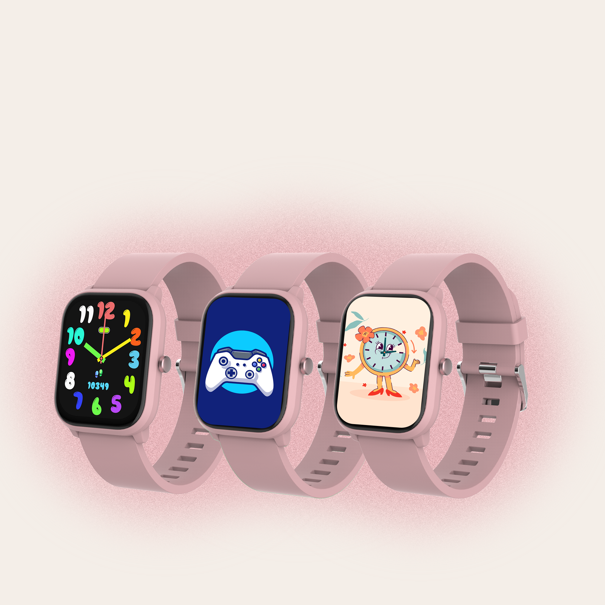 Trois montres connectées sur fond rose. Chacune affiche une interface différente, avec des bracelets roses.
