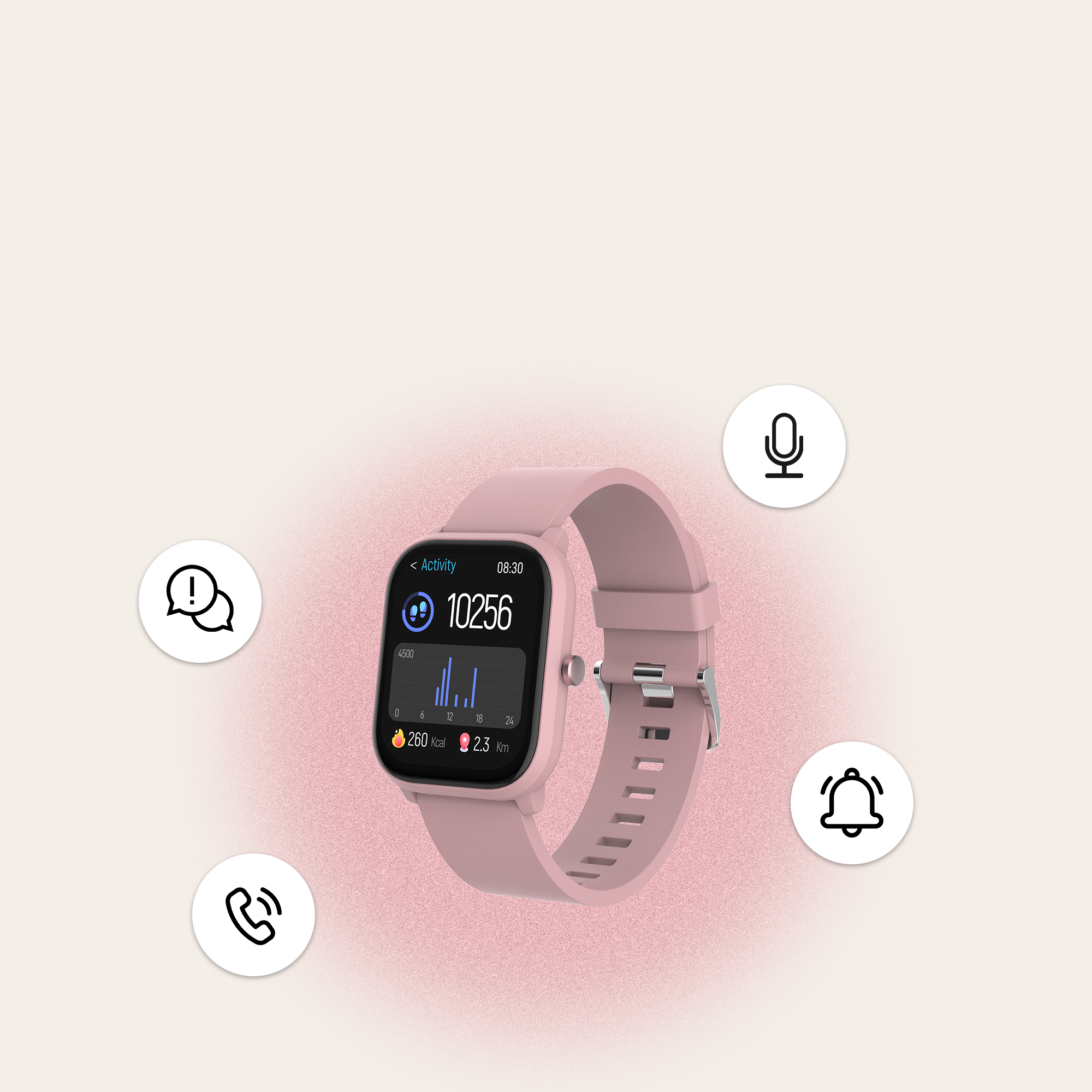 Une montre intelligente rose avec des icônes d'activité, affichant l'heure et les pas effectués.