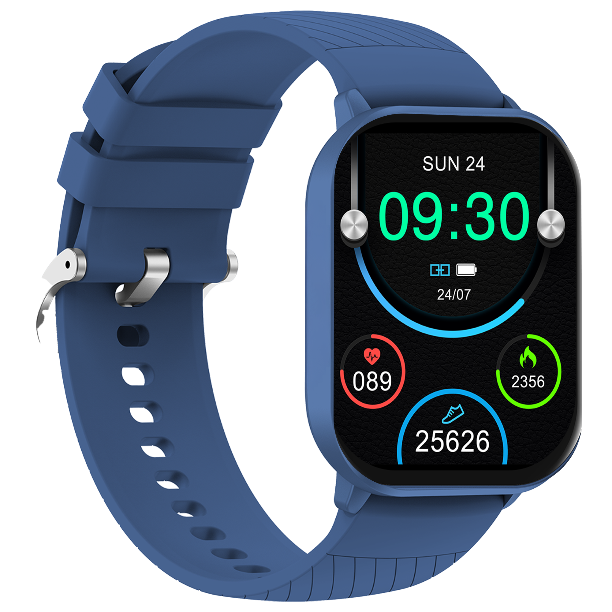 Een blauwe smartwatch met een blauwe band die tijd, hartslag en stappen toont.