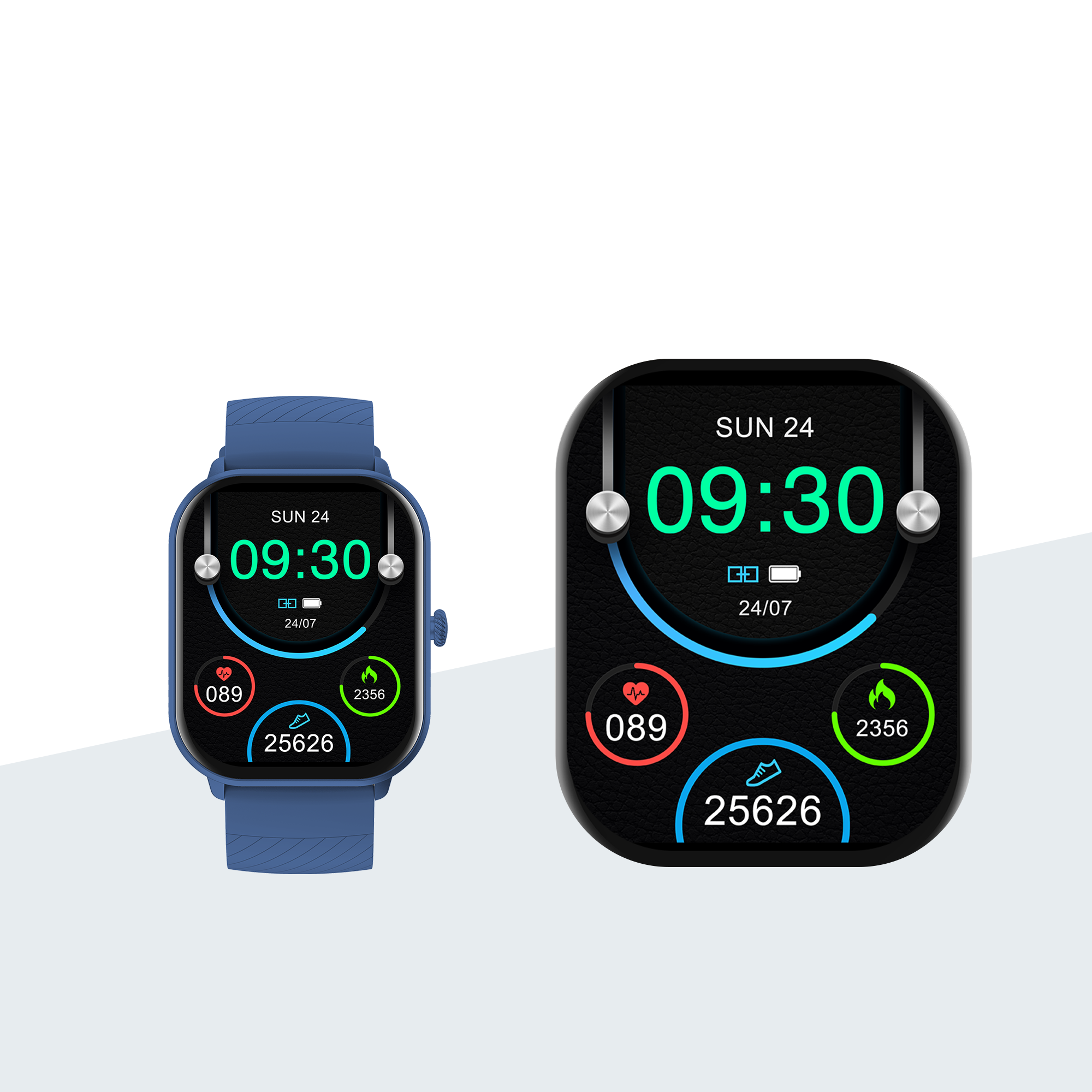 Twee smartwatches. Eén toont tijd, hartslag en stappen. Blauwe band.