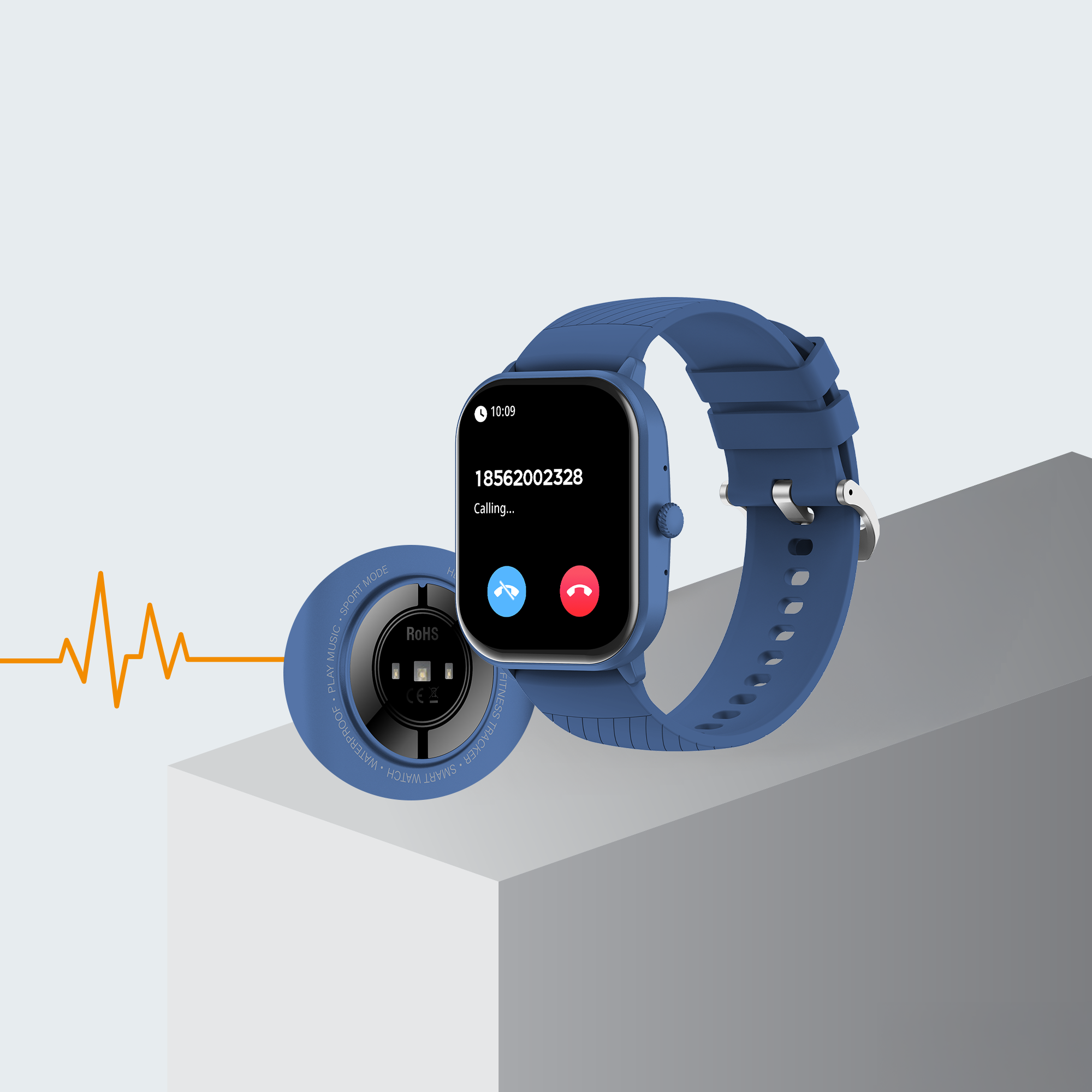 Blauwe smartwatch met een telefoonoproepscherm met beller-ID en belknoppen, op een wit oppervlak.