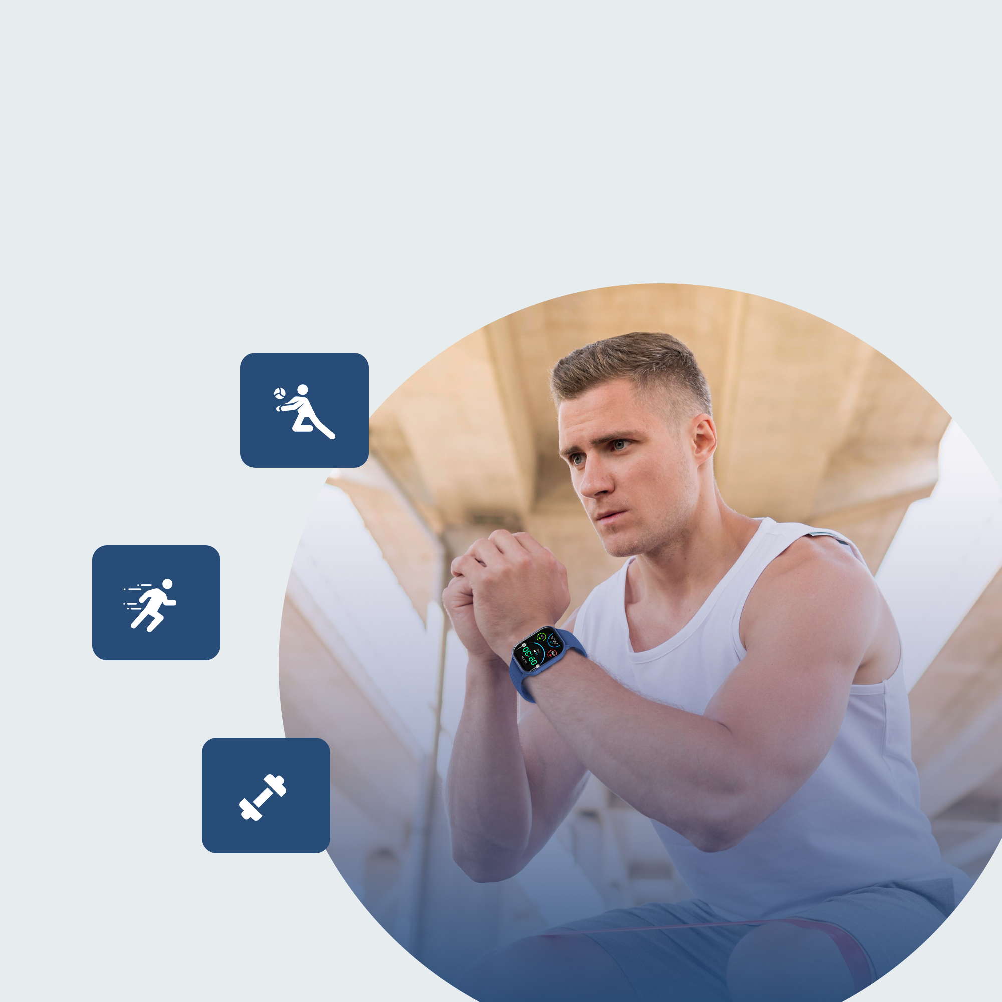 Een man met een smartwatch, met sportactiviteiten-iconen, tegen een vage achtergrond.