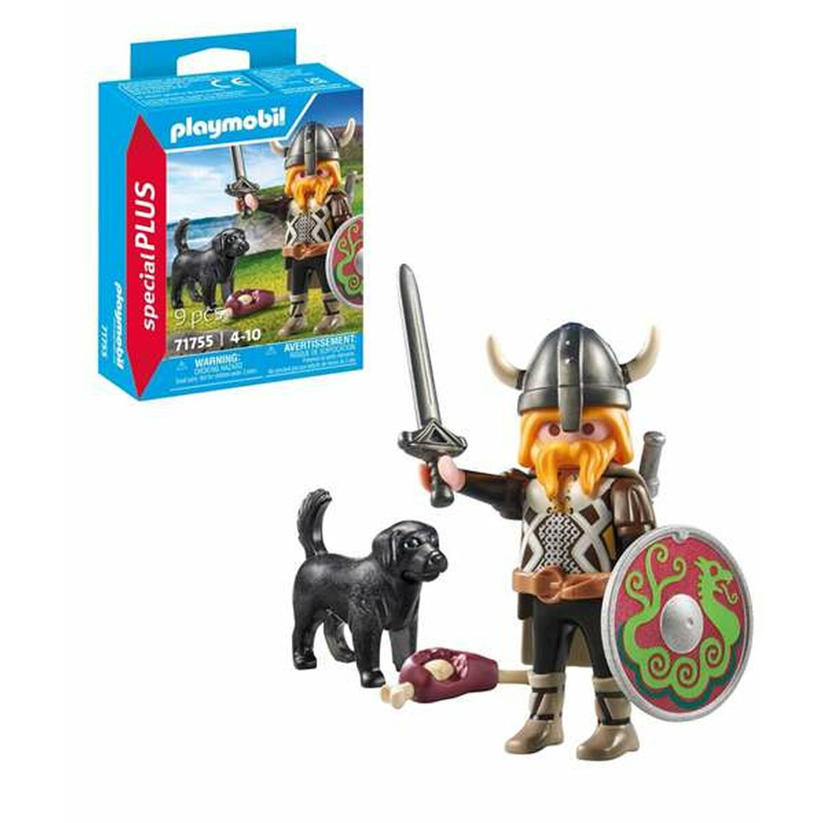 Playmobil Wiking z mieczem, tarczą i psem z kością. Pudełko w tle.