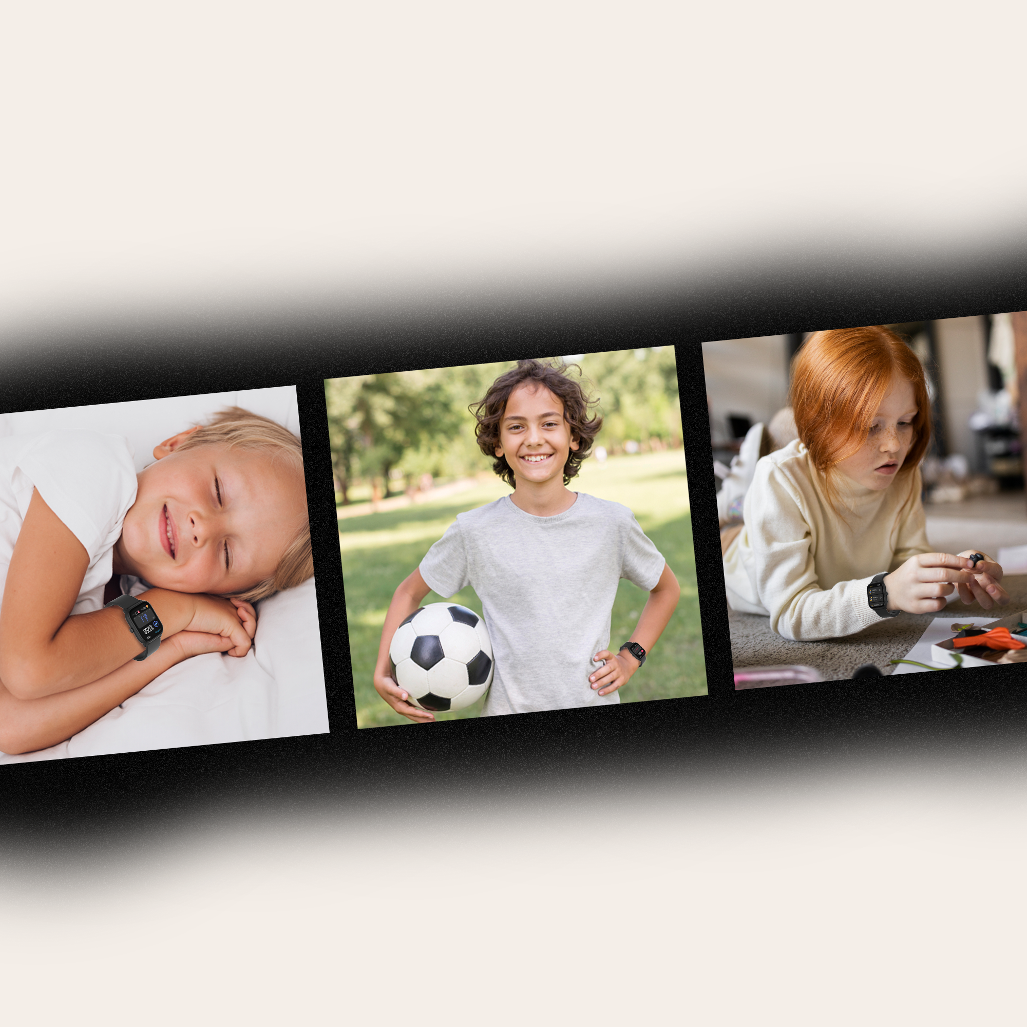 Trois photos : garçon dormant avec montre, garçon avec ballon de foot, fille construisant avec montre, tous avec montres.