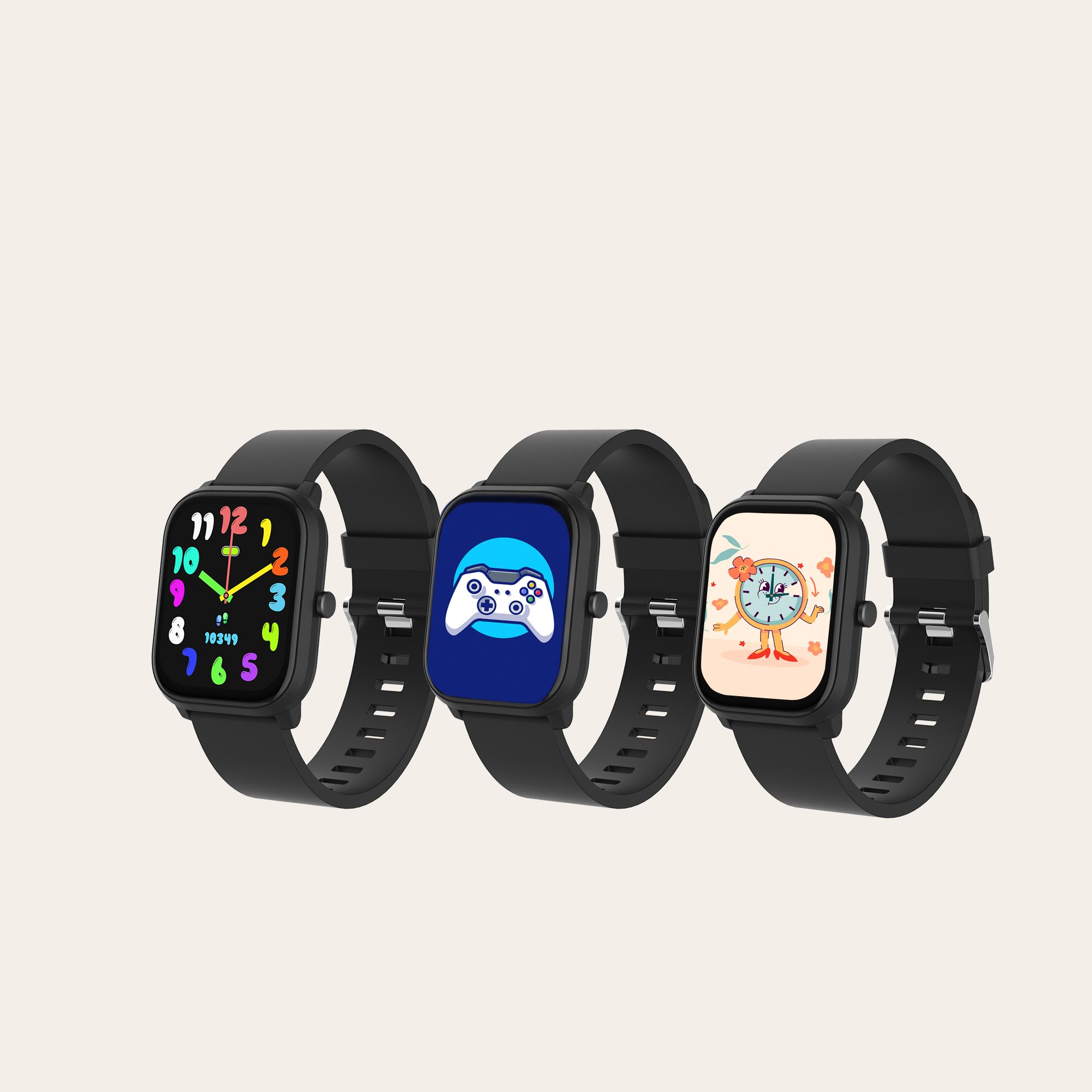 Trois montres connectées avec différentes interfaces sur fond blanc.