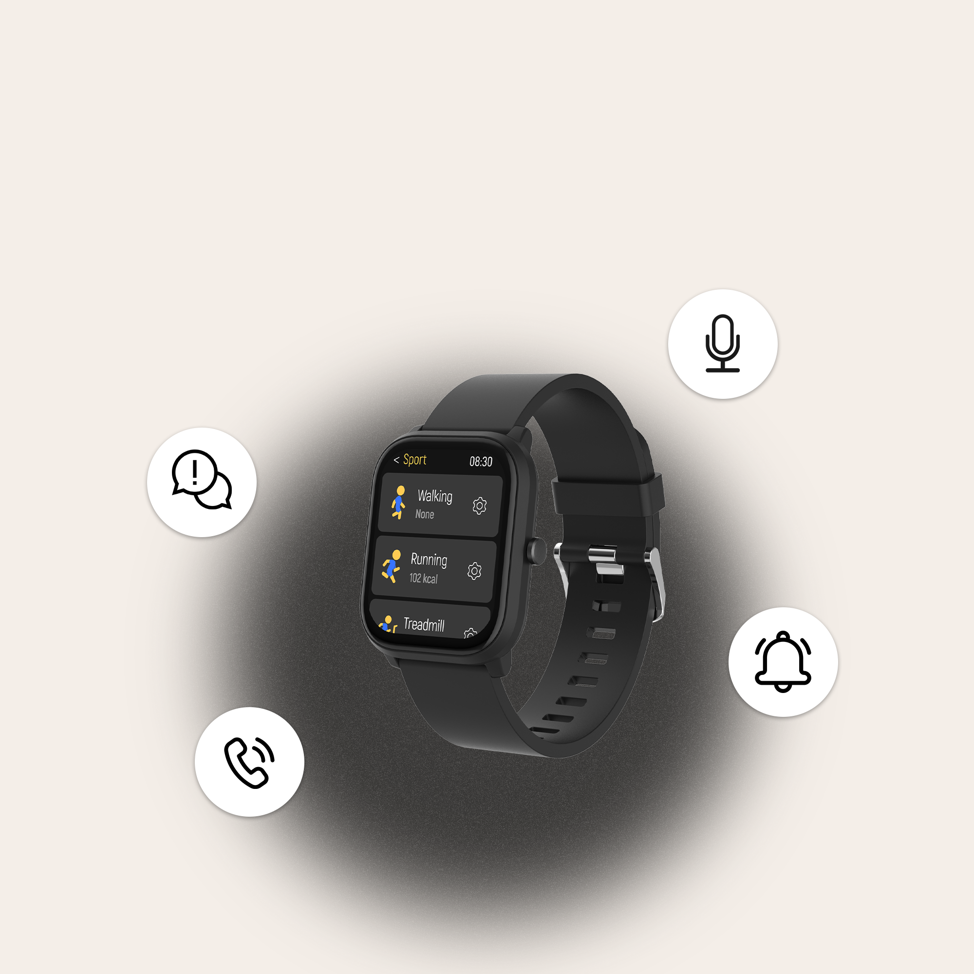 Smartwatch noire avec des icônes d'activités sportives.