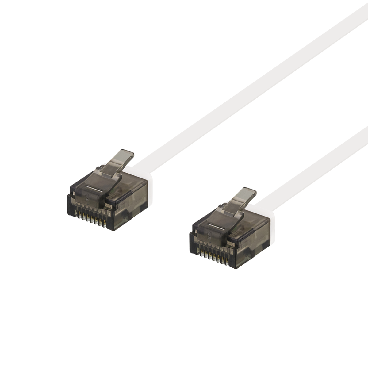 Cavo Ethernet bianco con connettori trasparenti su sfondo nero.
