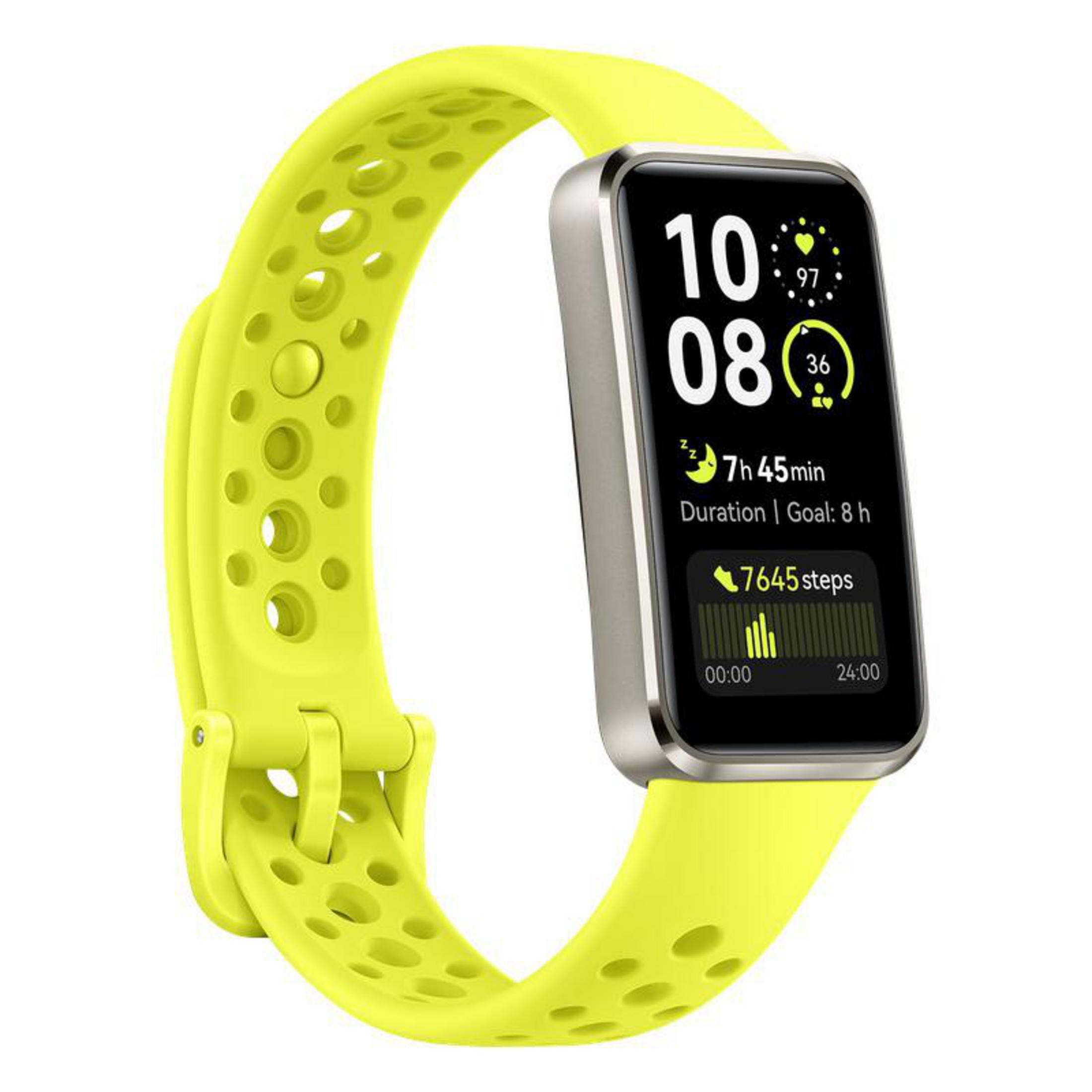 Gelber Fitnesstracker mit Bildschirm, der Zeit, Schritte und Ziel anzeigt.