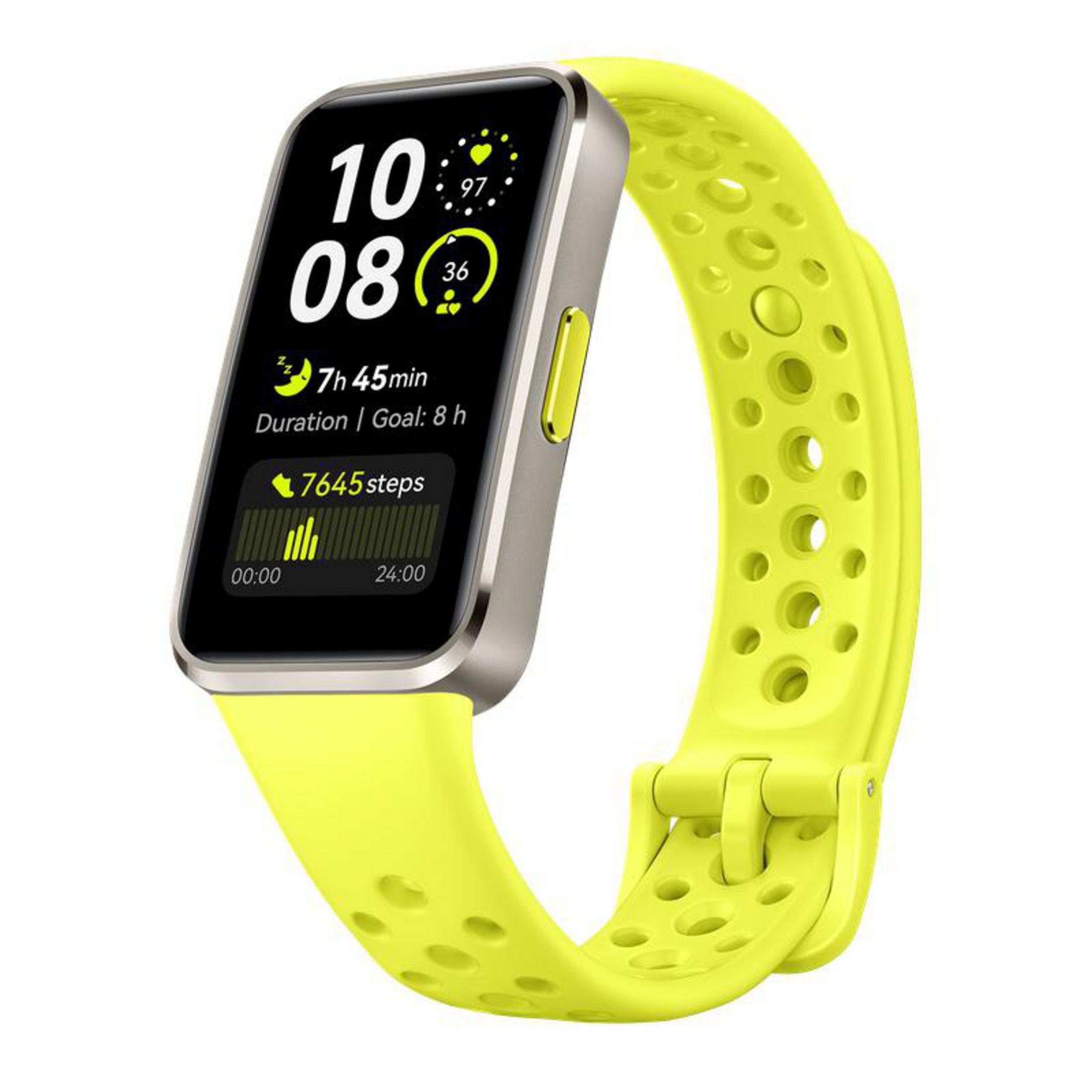 Smartwatch mit gelbem Armband, zeigt Zeit, Schritte und Zielfortschritt. Weißer Hintergrund.