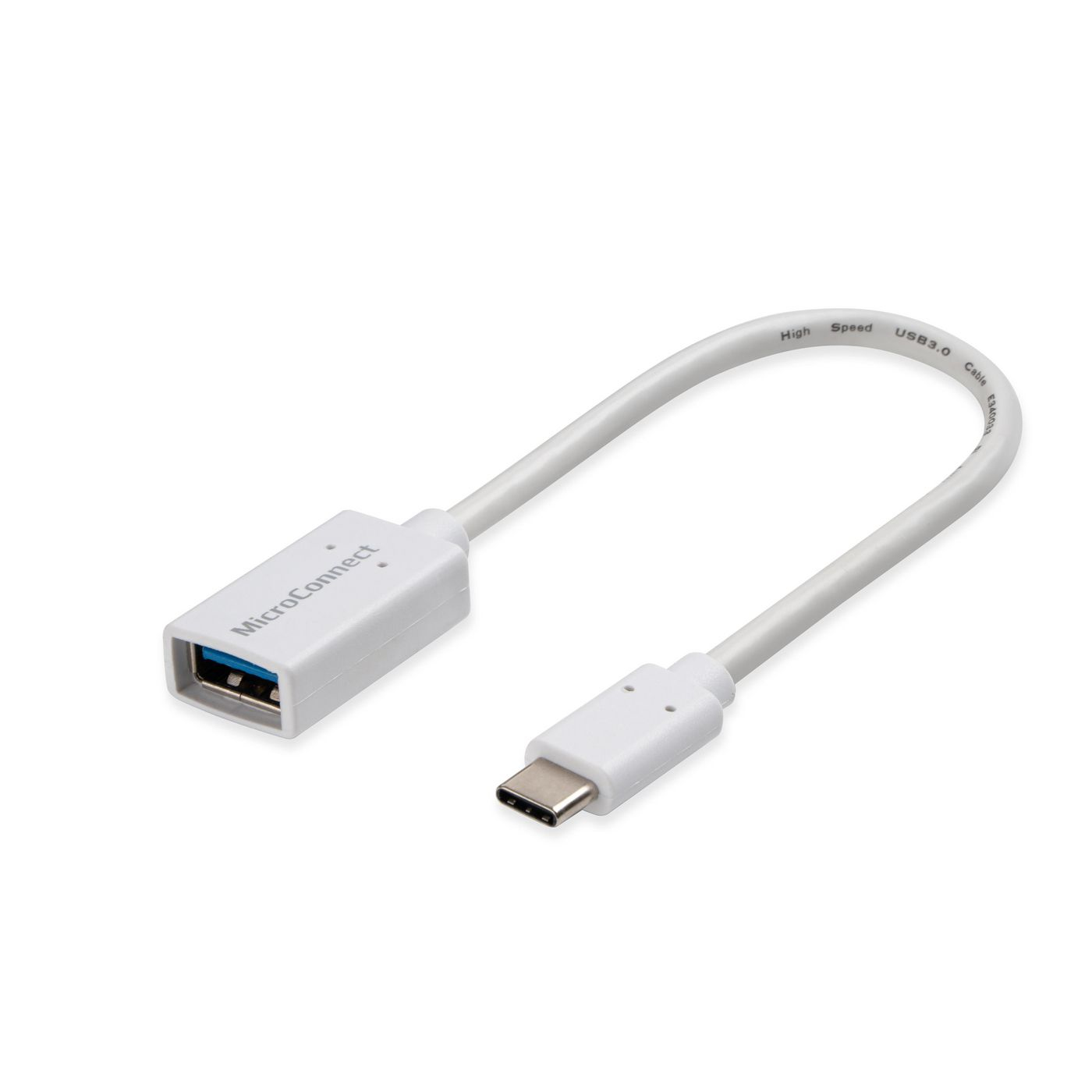 Câble adaptateur USB-C vers USB-A blanc. Logo Micro Connect à une extrémité. Texte High Speed.
