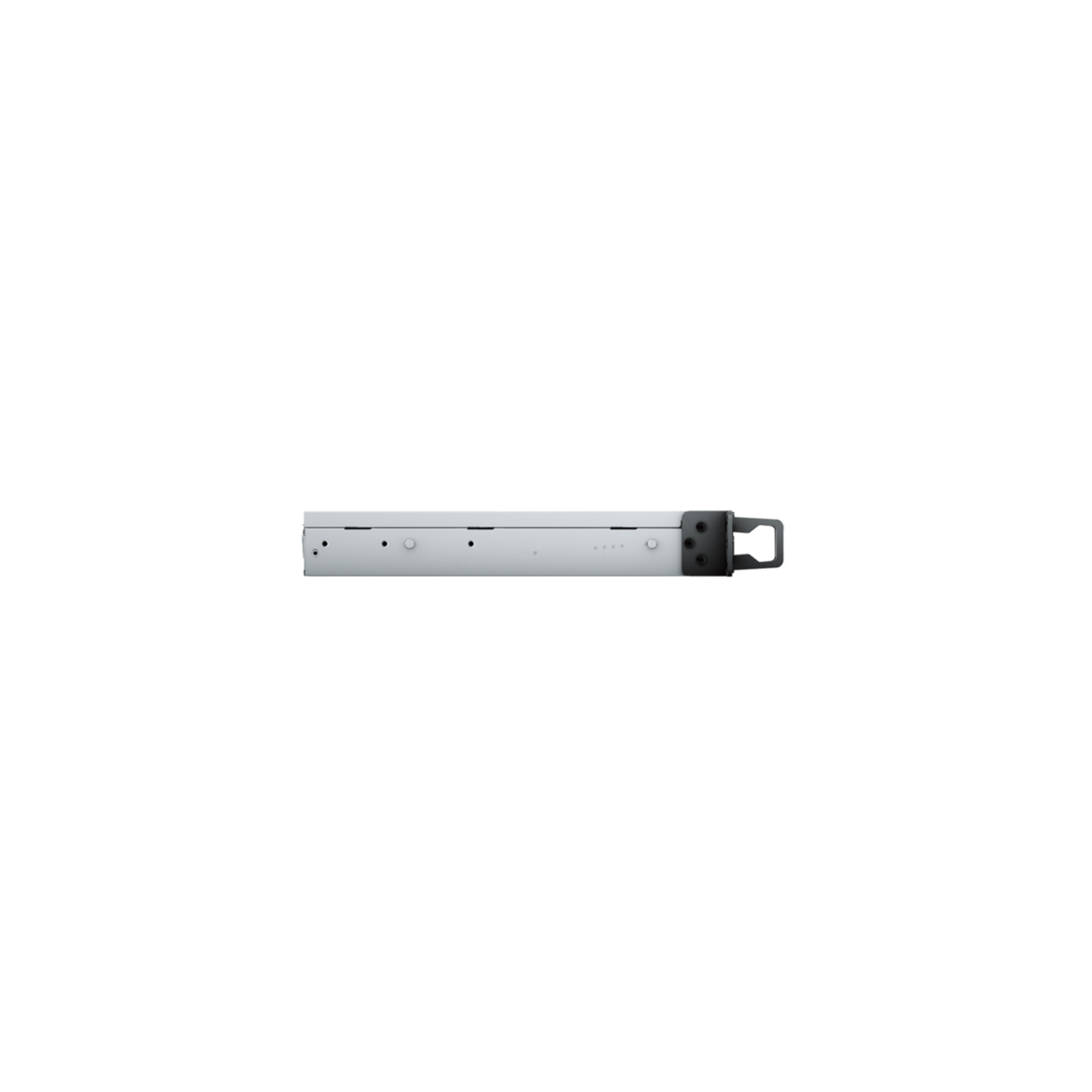 Metallischer Computerserver, Seitenansicht. Verfügt über mehrere sichtbare Anschlüsse und einen Griff.