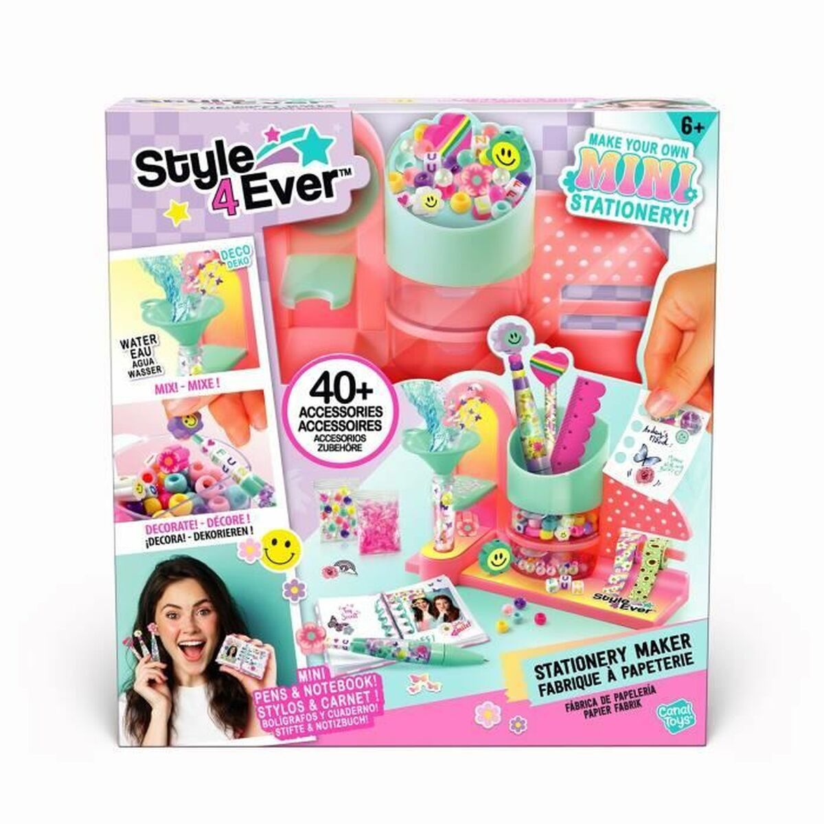 Un kit para hacer papelería para niños con una caja que muestra bolígrafos, pegatinas y una estación.