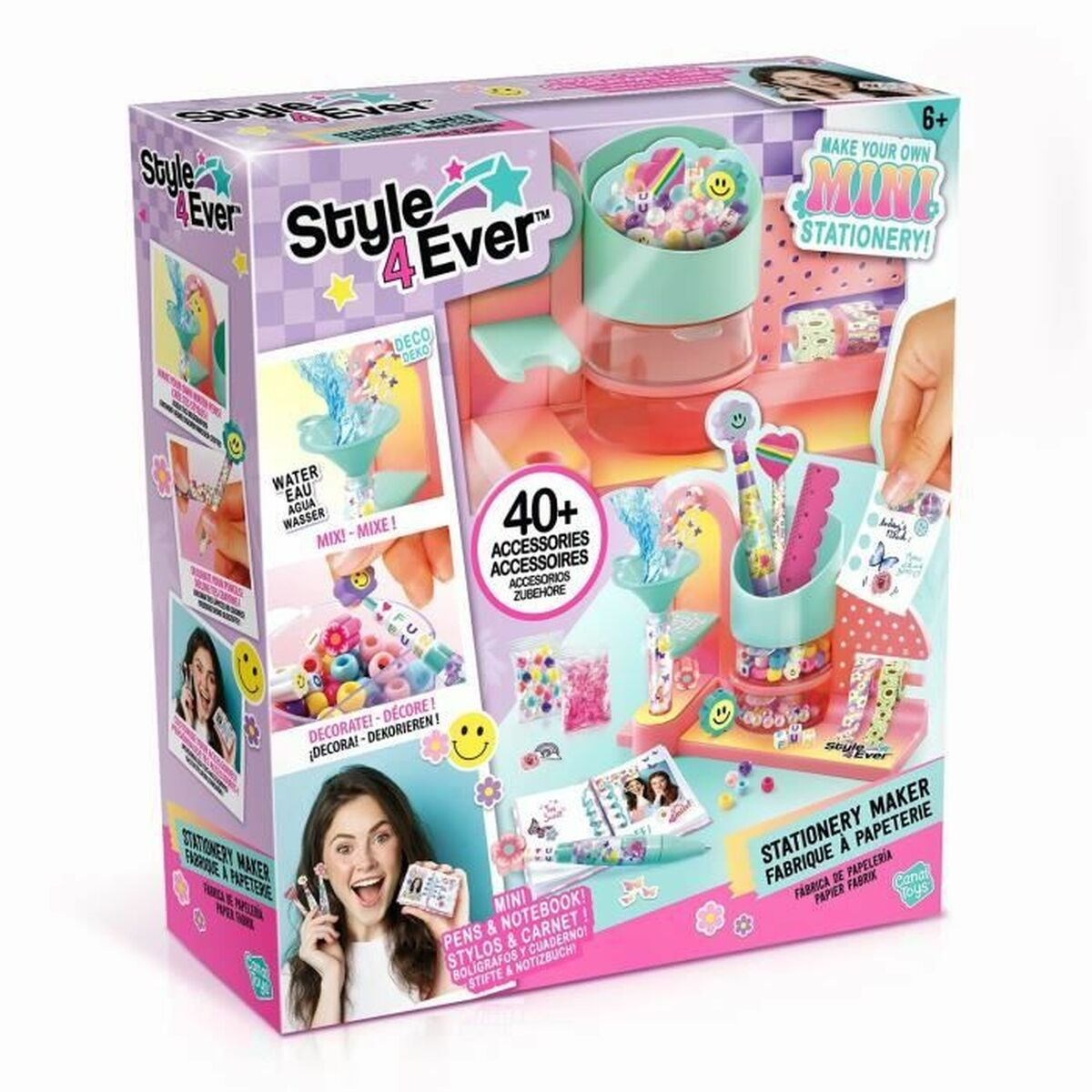 Un juego de hacer papelería con varias herramientas y accesorios, incluyendo una caja con artículos coloridos.