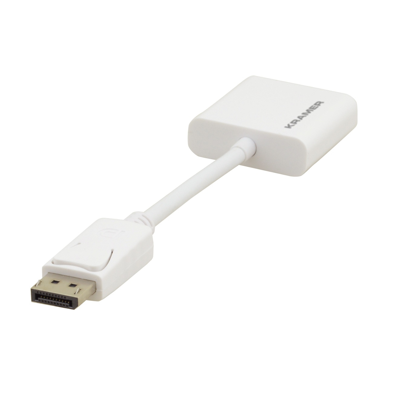 Biały kabel adaptera DisplayPort na DVI z marką KRAMER na adapterze.