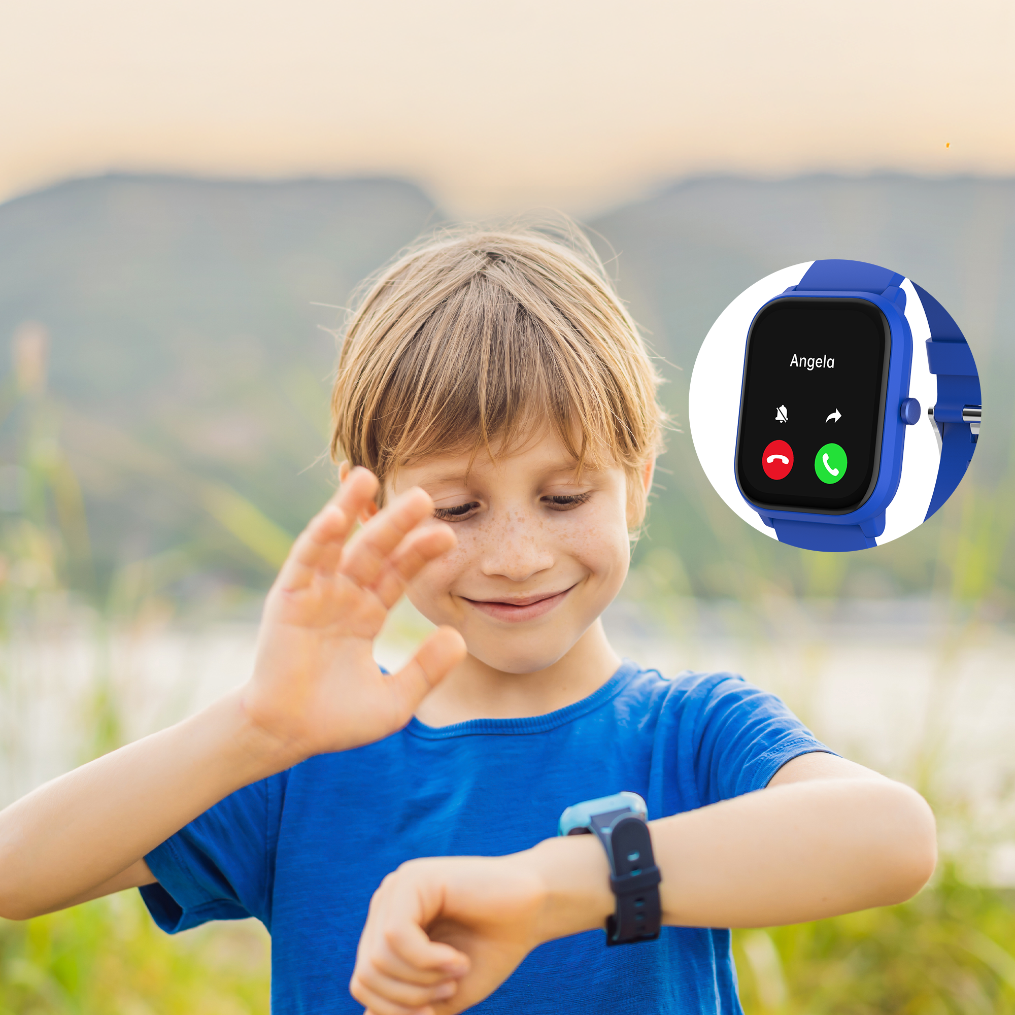 Un garçon regarde une smartwatch affichant un appel entrant de 'Angela'.