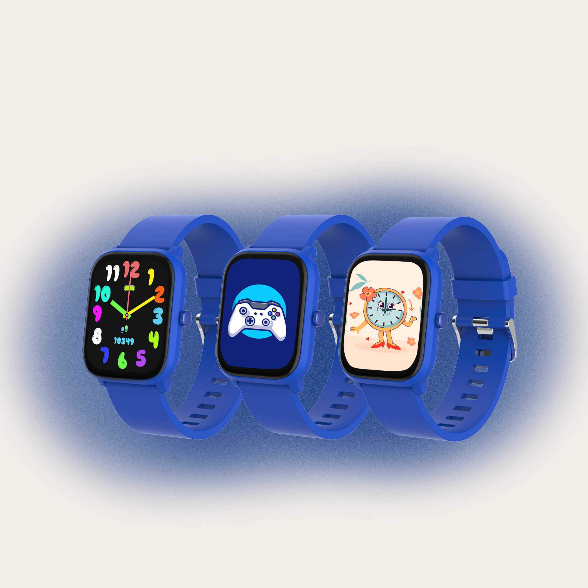 Trois montres intelligentes bleues avec différents écrans, présentant diverses interfaces.