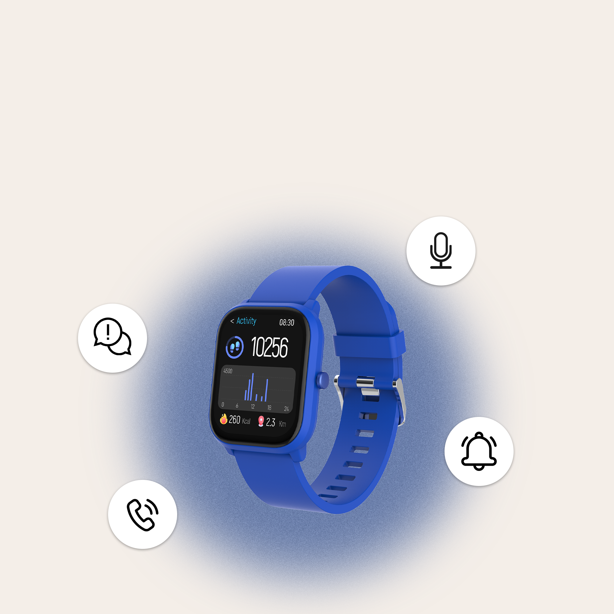 Une montre intelligente bleue avec des données d'activité, entourée d'icônes de notifications et d'appels.