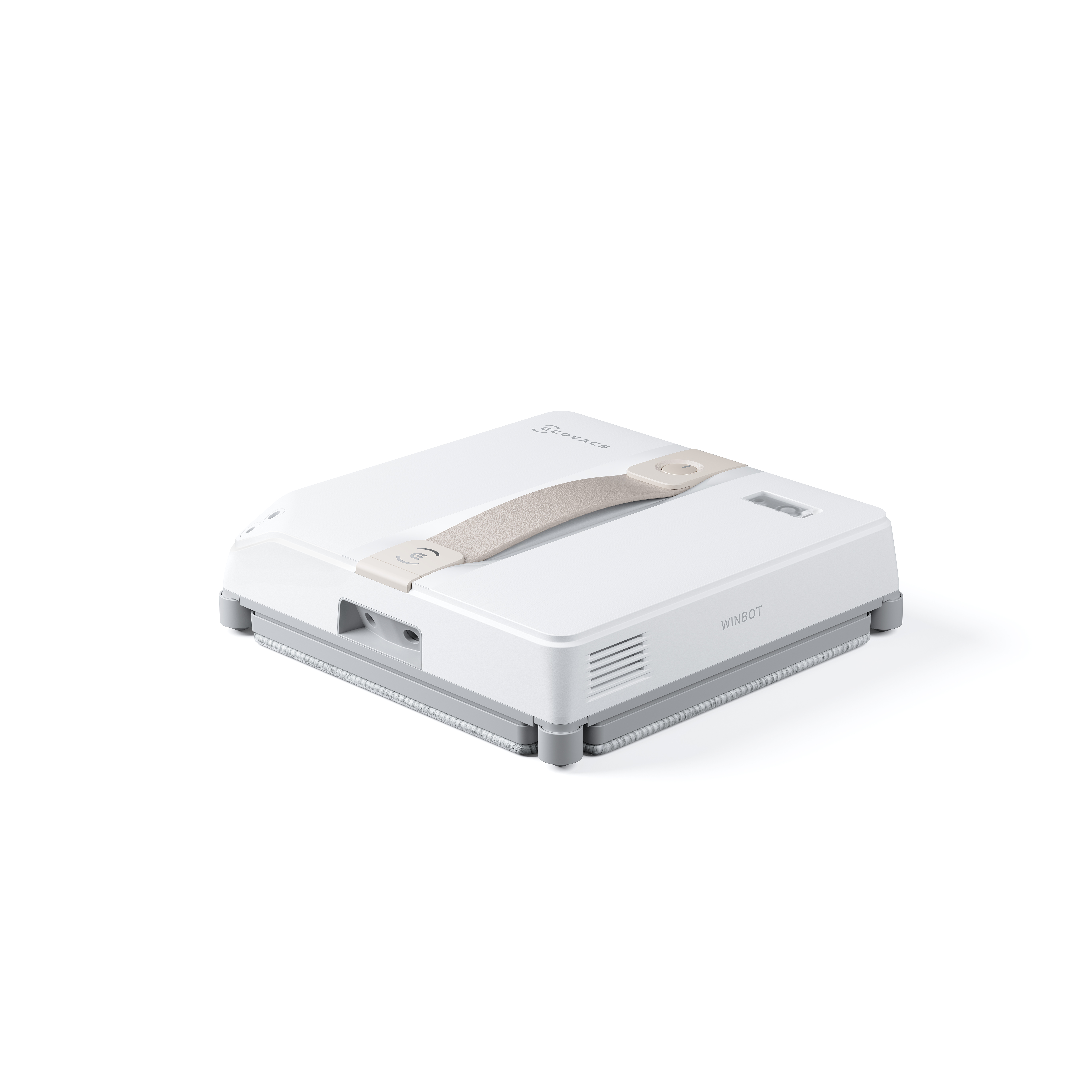 Biały robot do czyszczenia okien WINBOT, szare wykończenie, beżowy uchwyt. Widok z boku, białe tło.