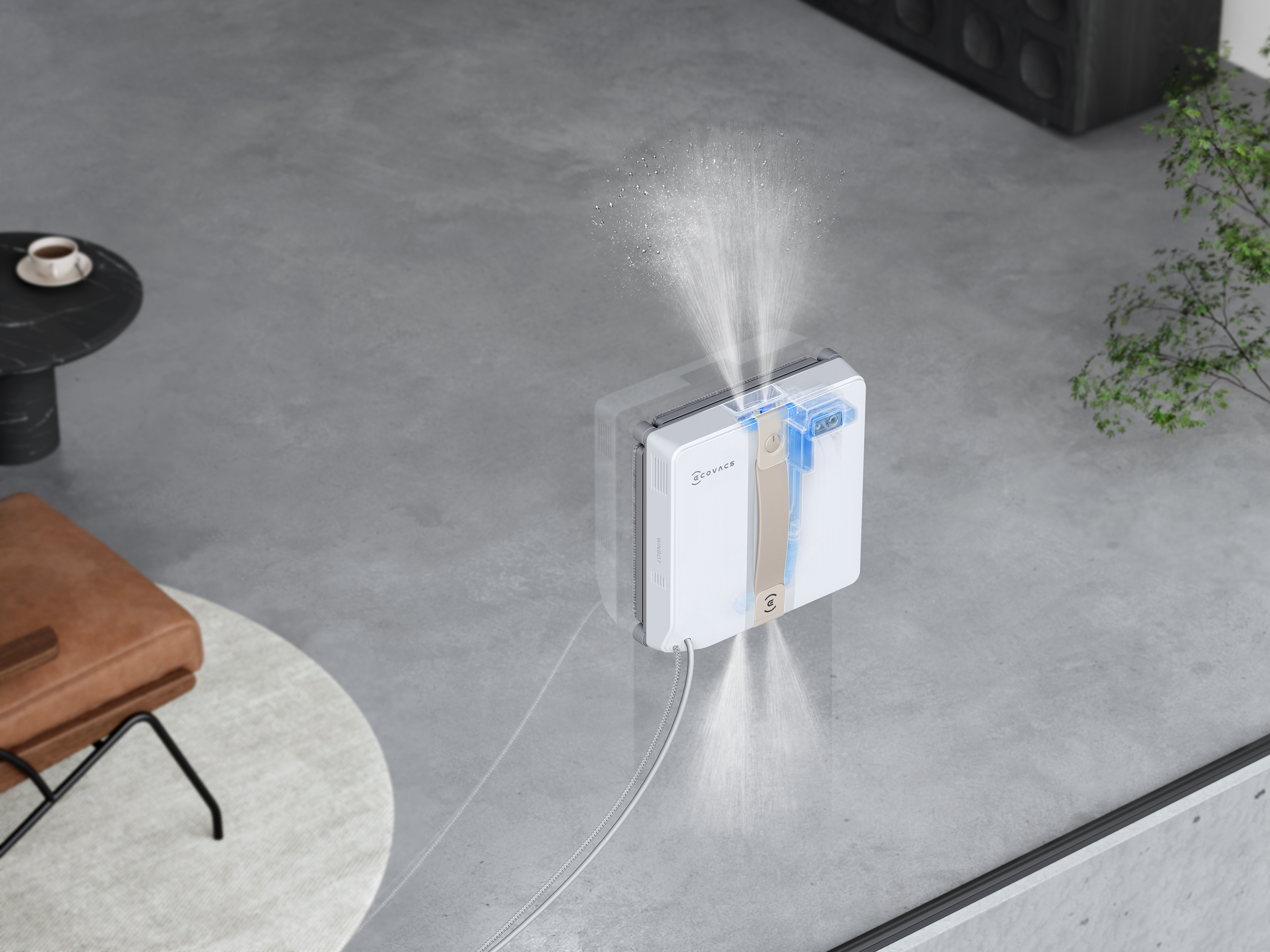 Biały i szary środek do czyszczenia okien rozpyla wodę dwoma strumieniami. Widok z góry.