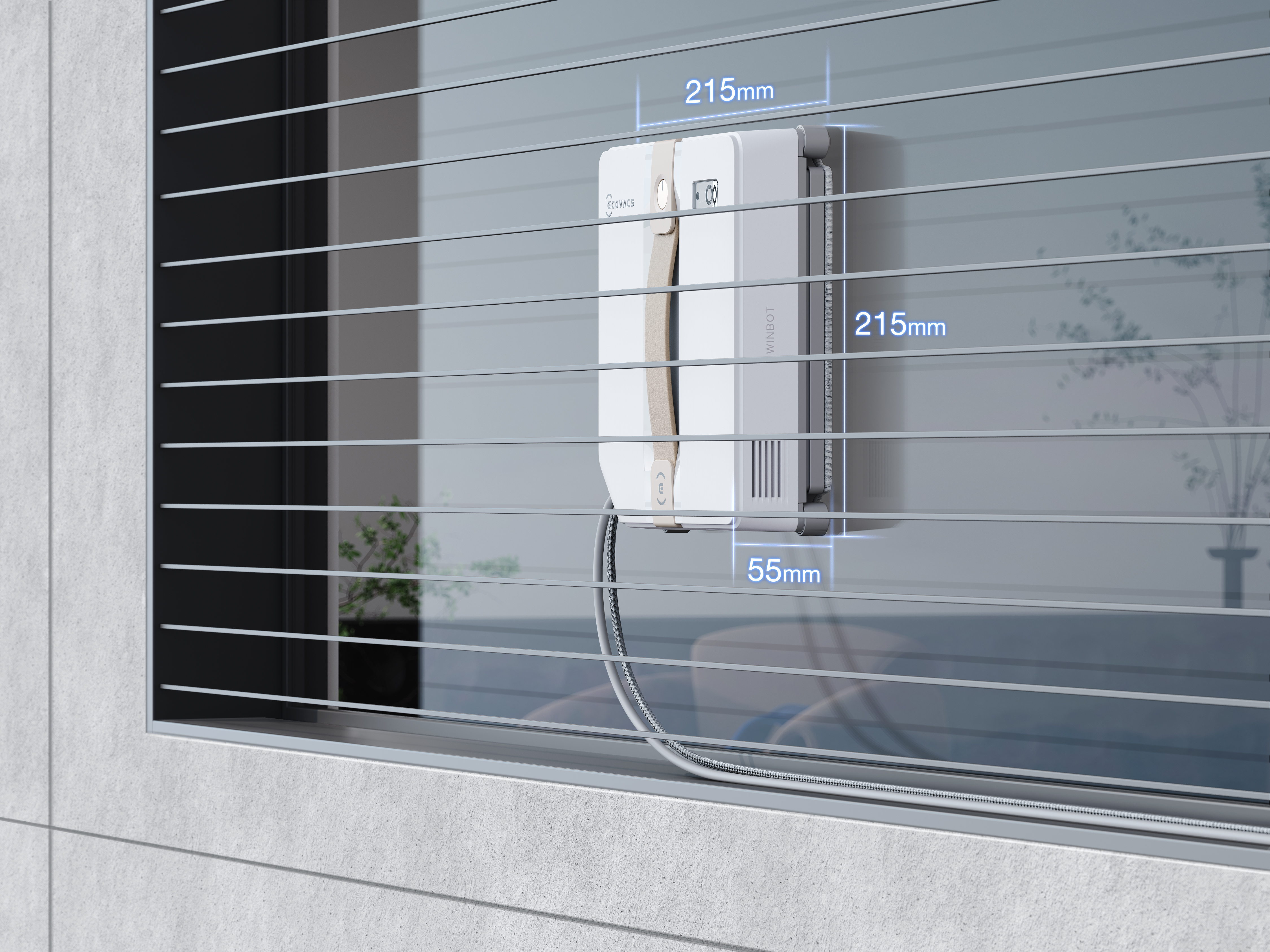 Biały robot do czyszczenia okien znajduje się na oknie. Czyści okno w paski.