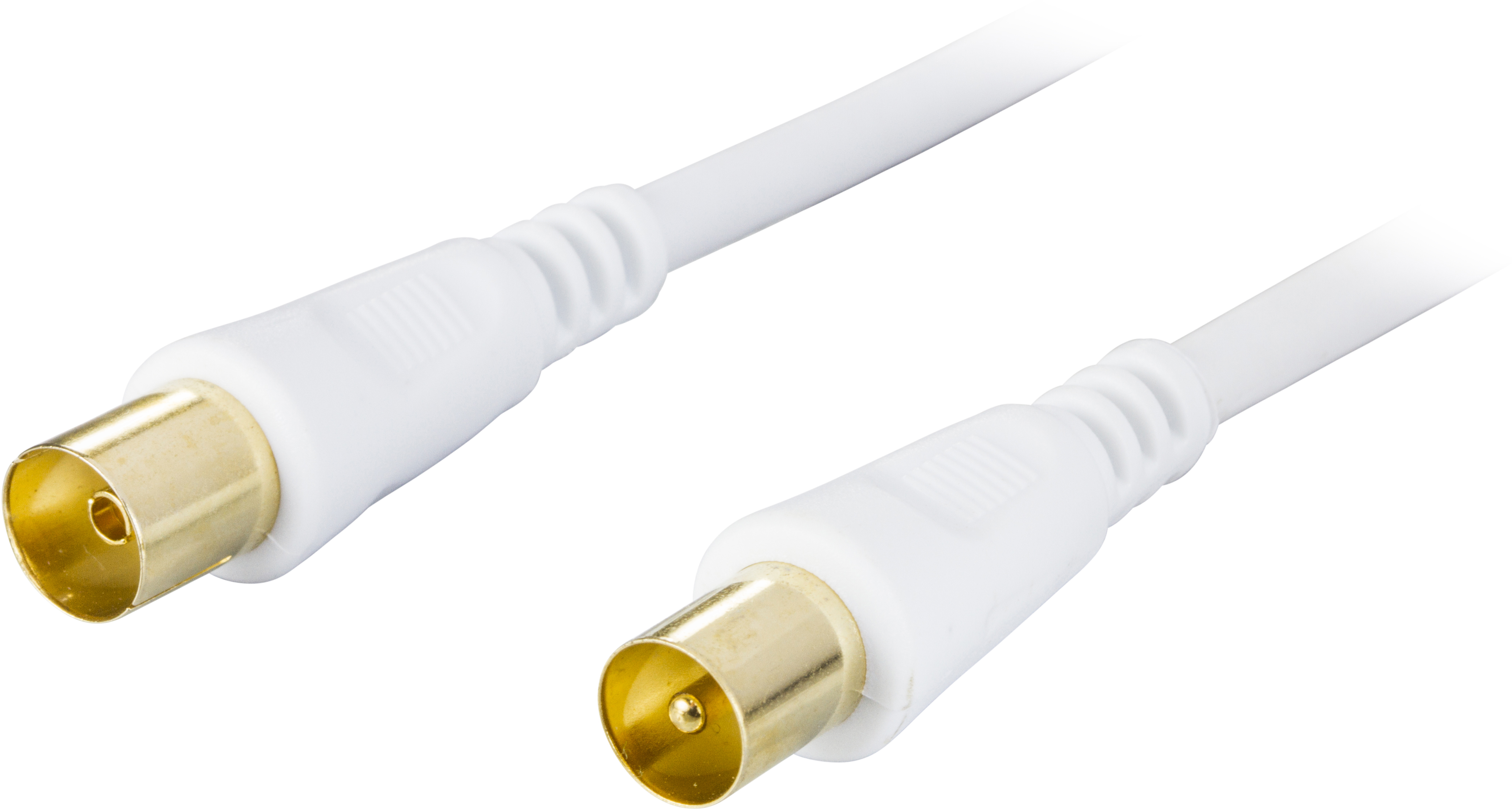 Un cable coaxial blanco con conectores dorados en ambos extremos, sobre un fondo blanco.