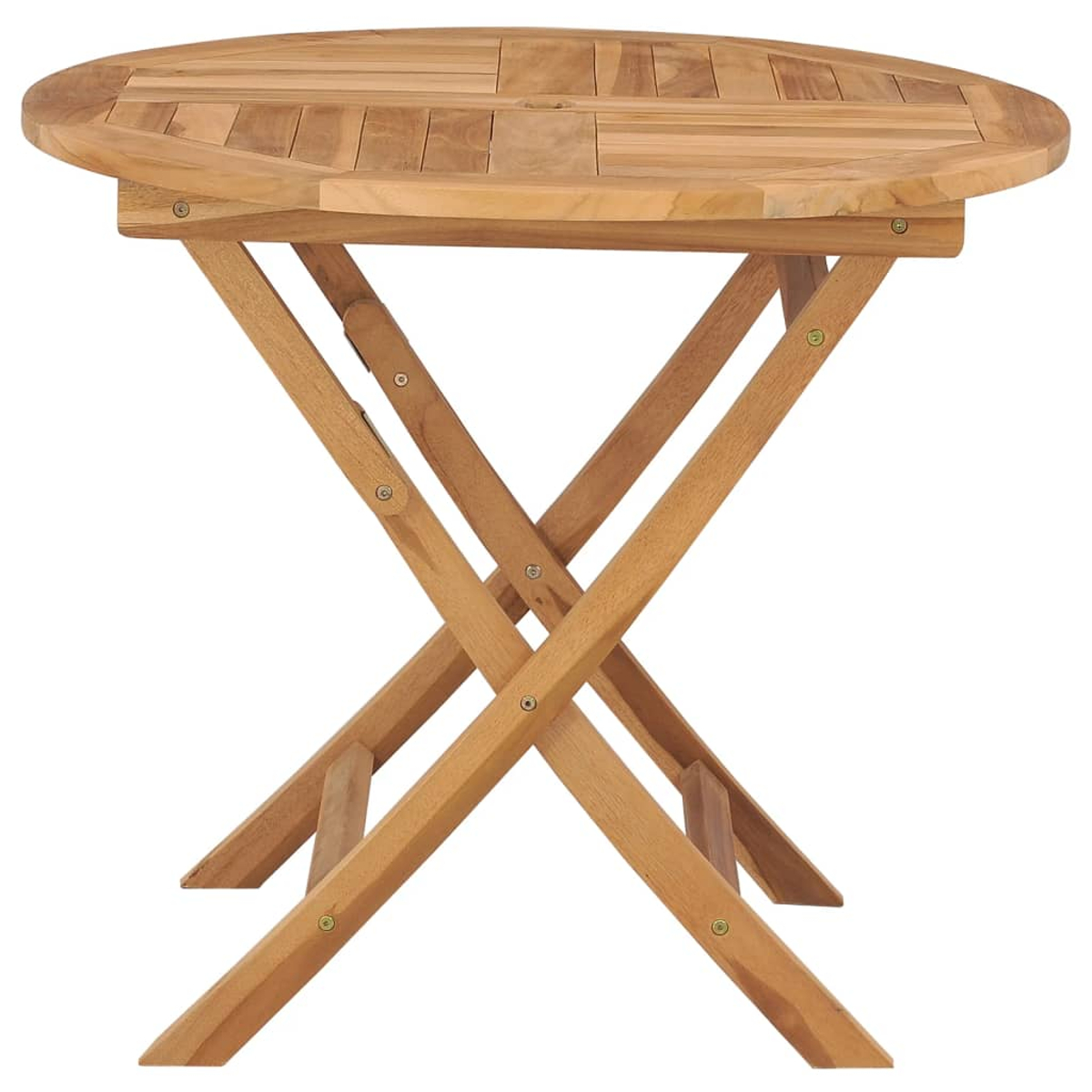 Ein hölzerner Klapptisch mit runder Tischplatte und gekreuzten Beinen, isoliert auf weißem Hintergrund.