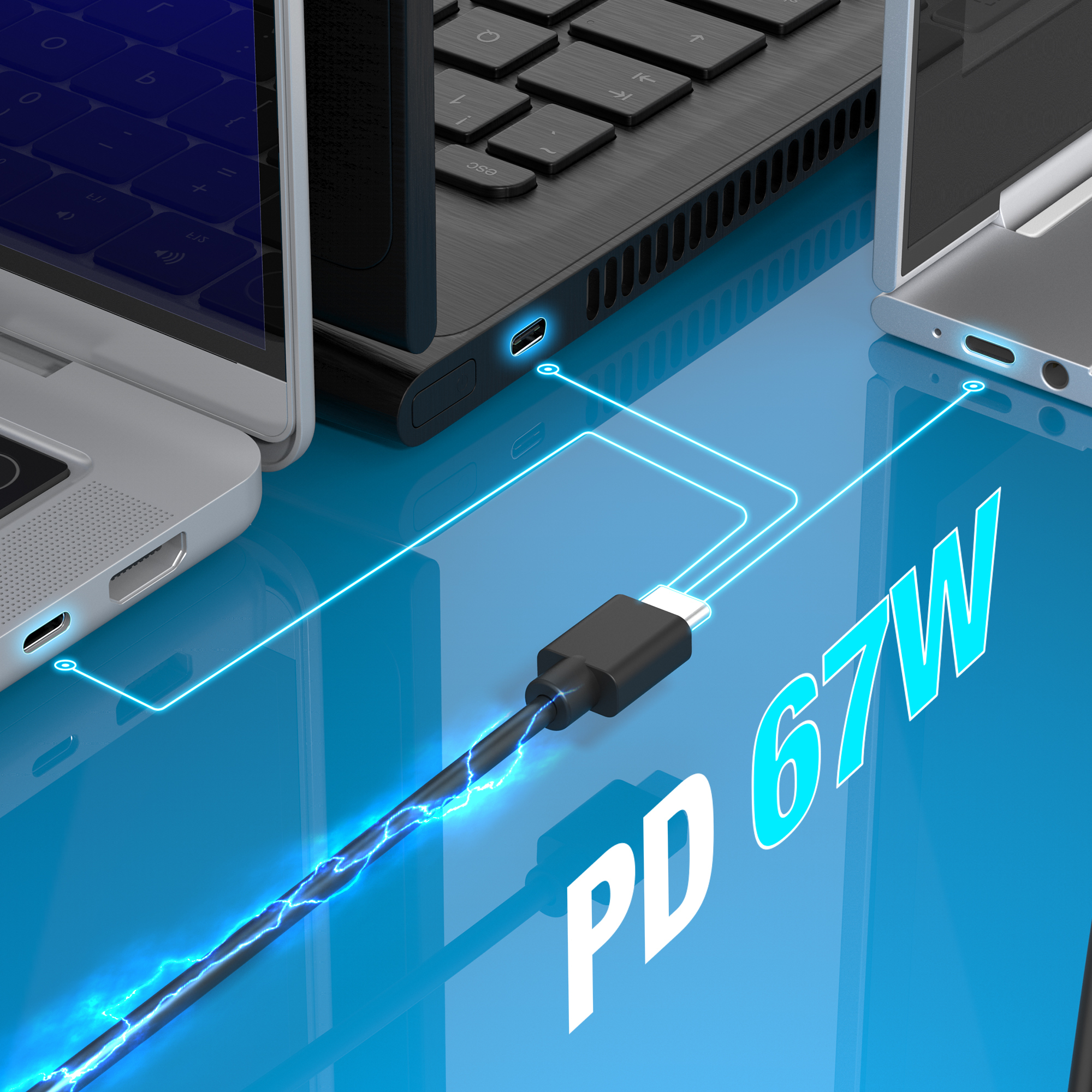 Tres computadoras portátiles conectadas con cables de alimentación azules. Un símbolo de suministro de energía y el texto 'PD 67W'.