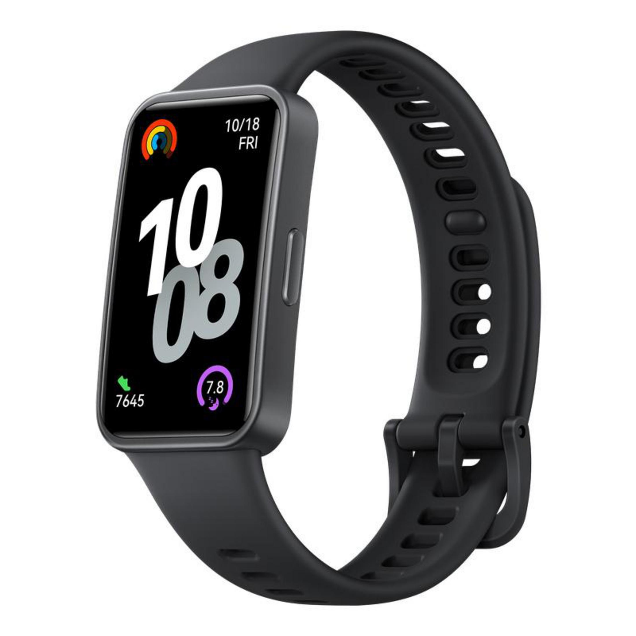 Un reloj inteligente negro con una pantalla que muestra la hora y las métricas de salud. La correa también es negra.