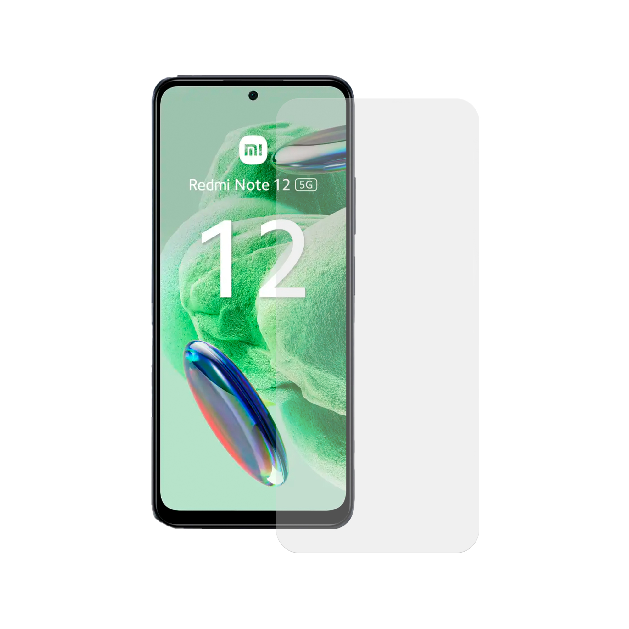 Un telefono con una protezione per lo schermo applicata, con lo schermo del telefono che mostra uno sfondo verde.